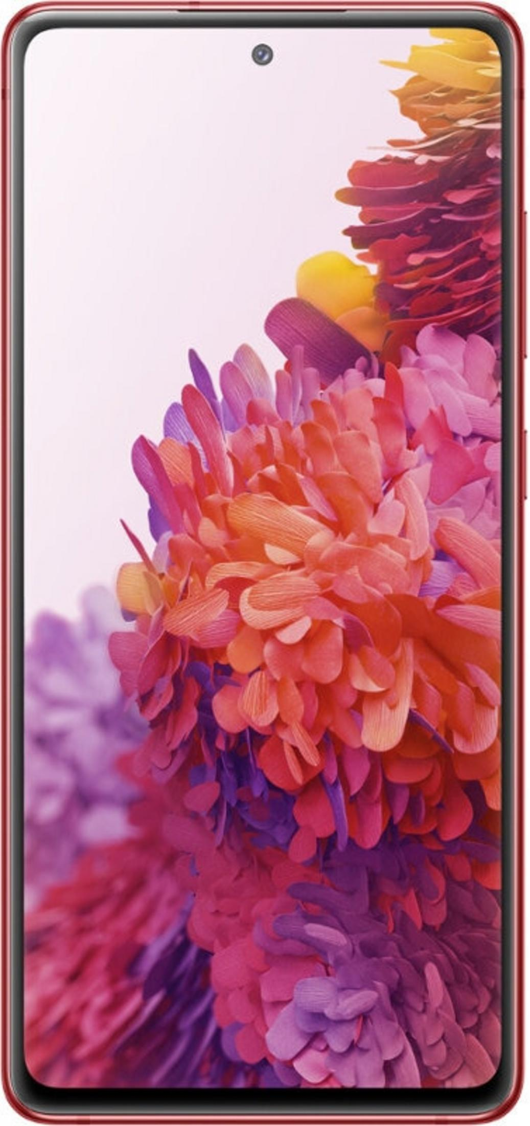 Ein rotes Smartphone zeigt Nahaufnahmen von farbenfrohen Blütenblättern, die von Lila zu Orange übergehen.