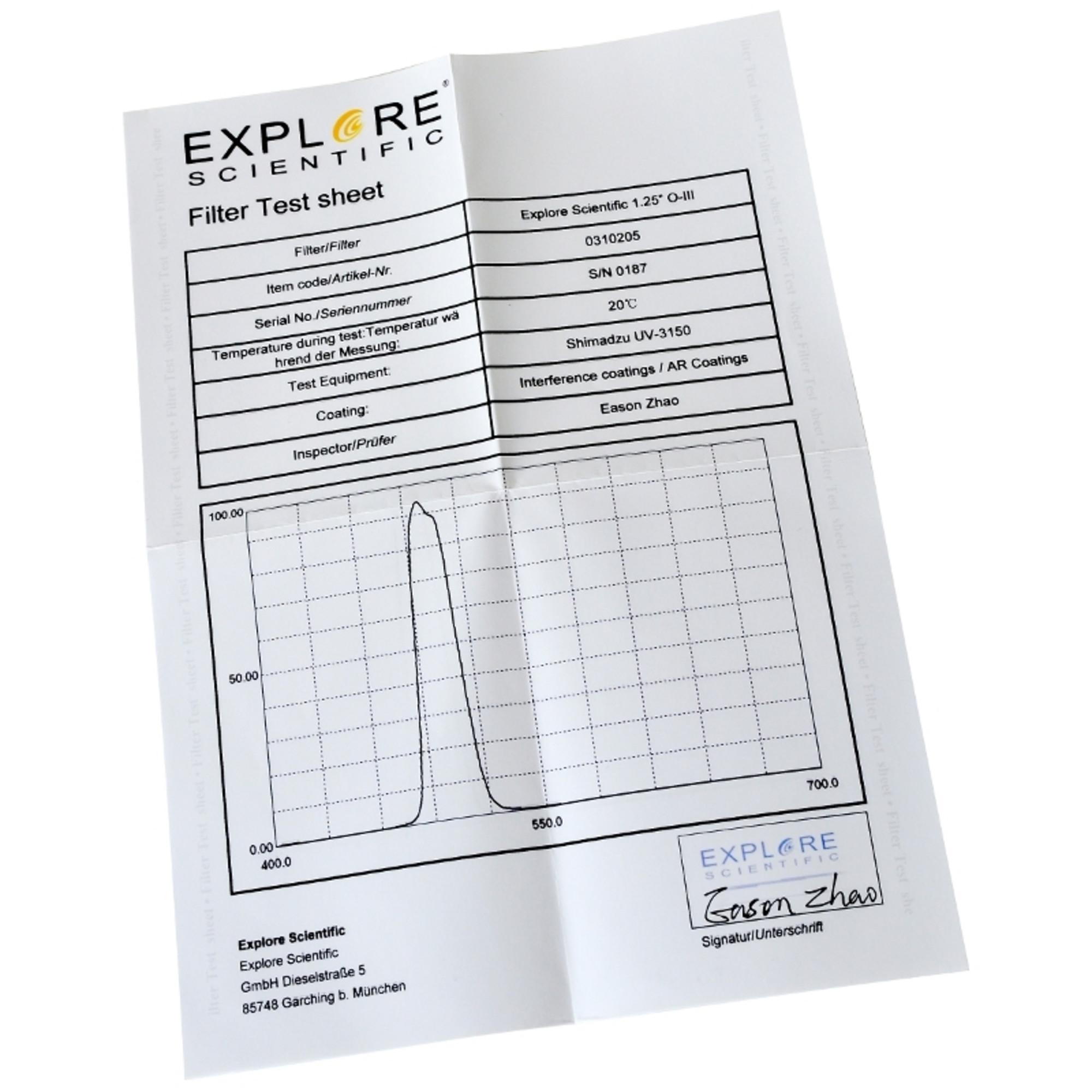 Ein weißes Testblatt mit Diagramm, Produktdetails und Unterschrift, Explore Scientific Logo.