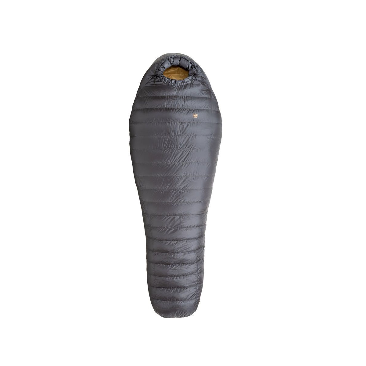 Ein grauer Schlafsack mit Kapuze wird vor weißem Hintergrund gezeigt. Das Innere der Kapuze ist goldfarben.