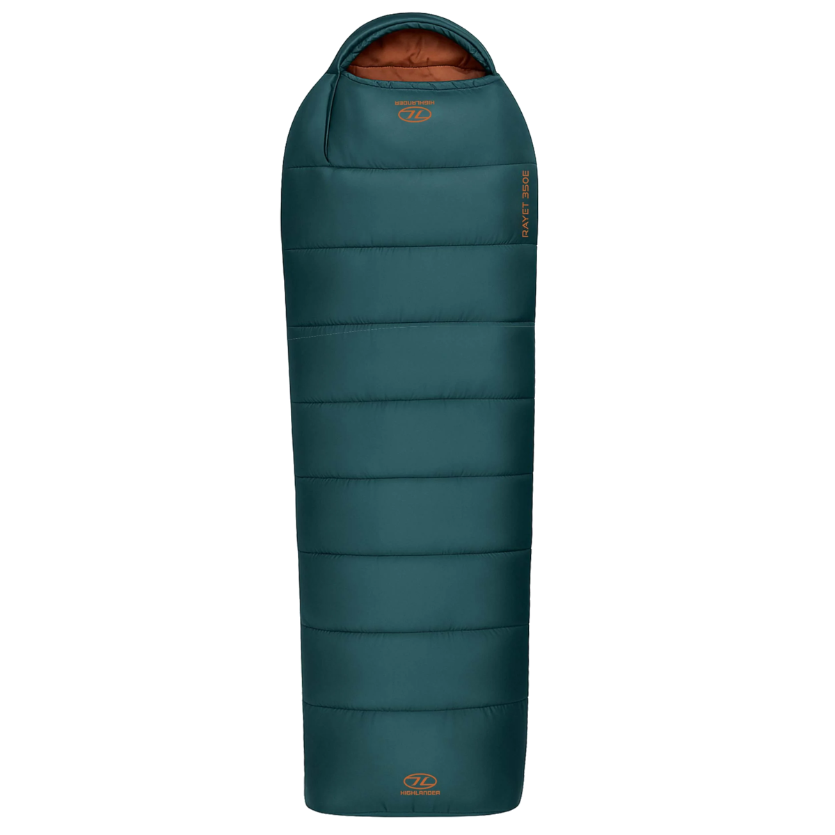Ein teal-farbener Schlafsack mit orangefarbenem Innenraum. Der Schlafsack ist mit "Rayet 350E" und einem Highlander-Logo versehen.