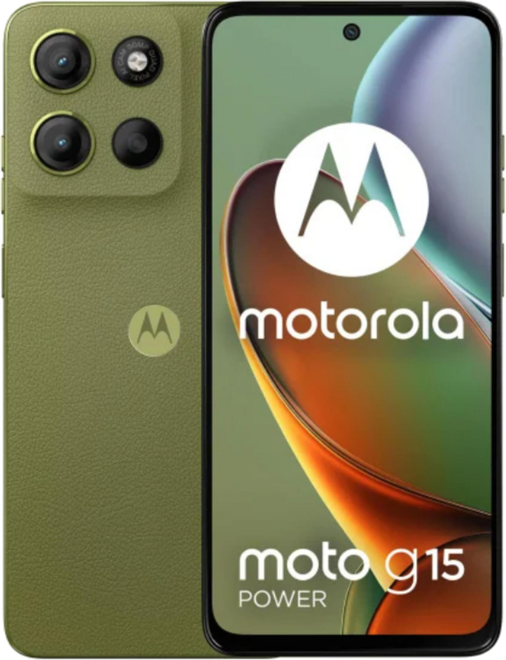 Motorola Moto G15 Power smartphone. Groene achterkant, scherm toont logo en telefoonnaam.