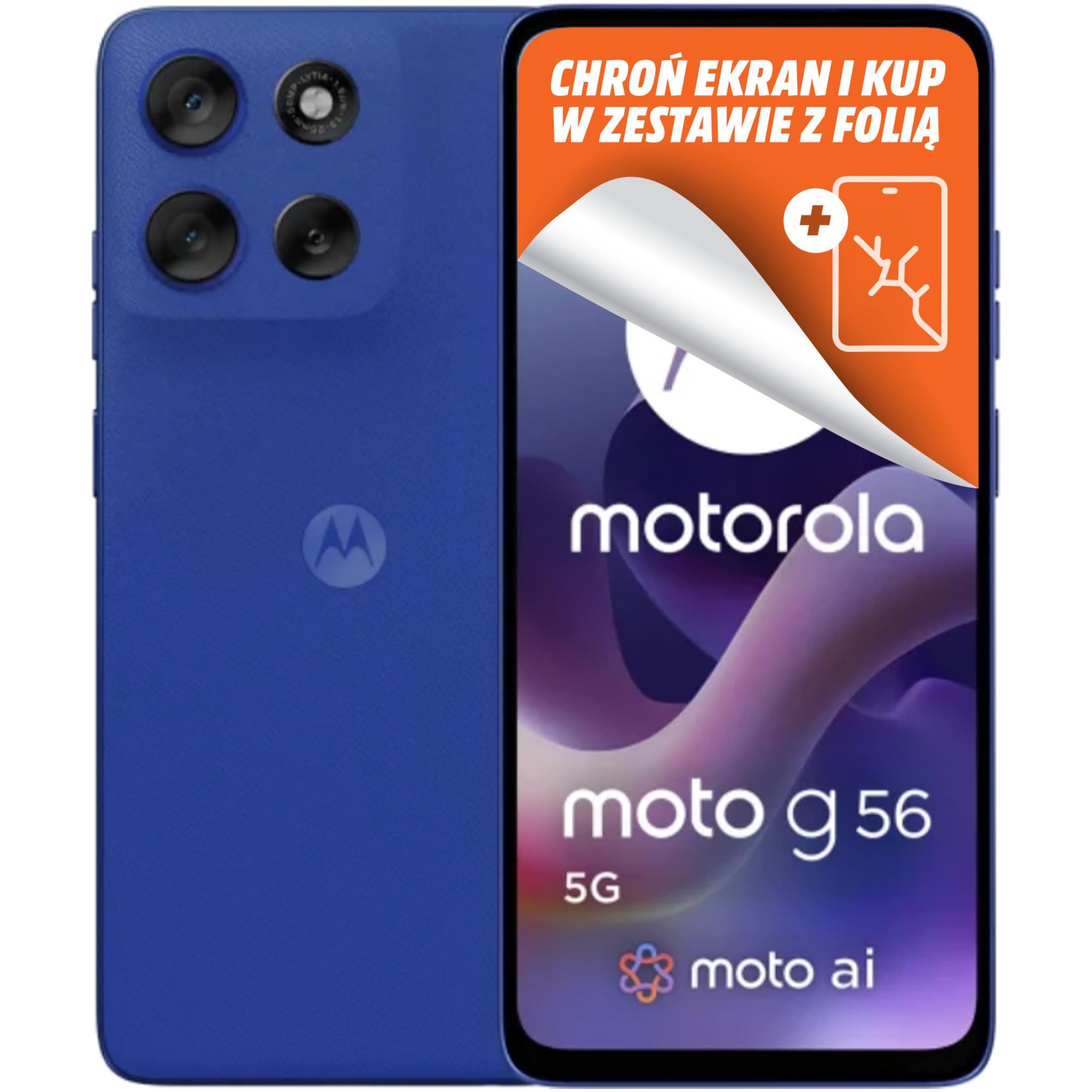 Niebieski telefon Motorola Moto g56. Ekran pokazuje ofertę folii ochronnej. Tekst po polsku.