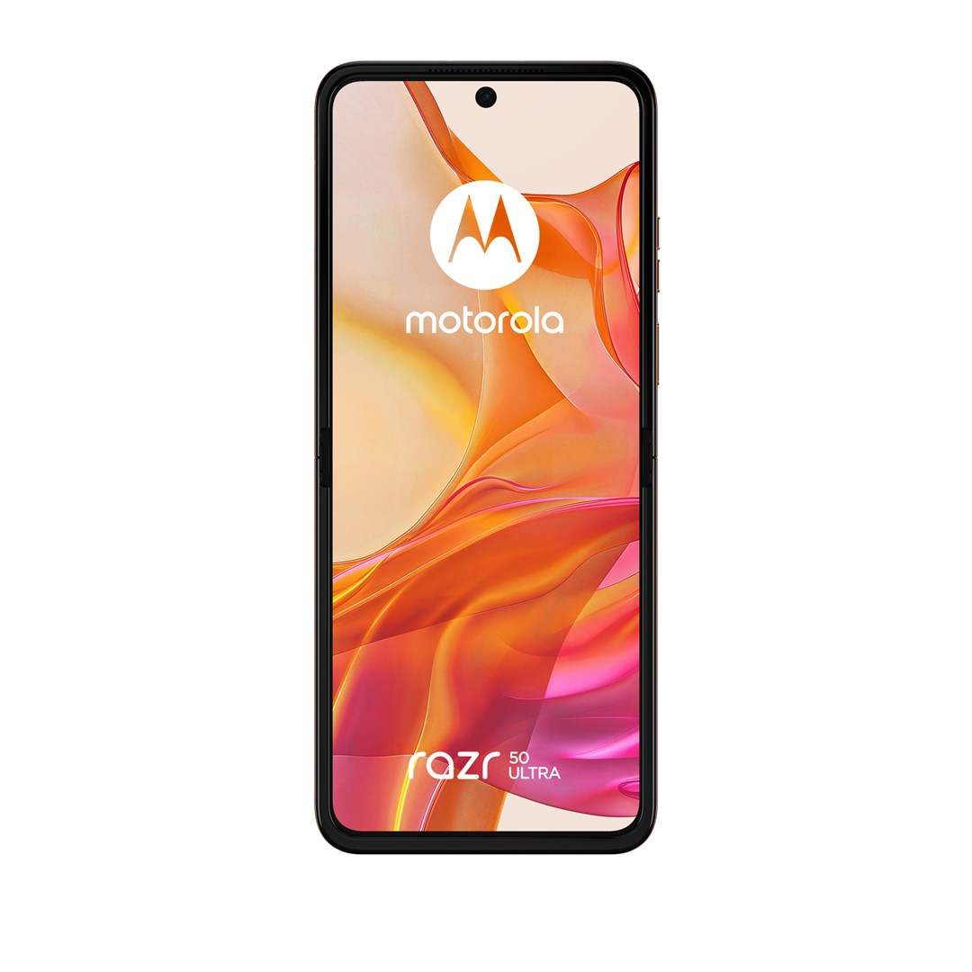 Ein Motorola Razr 50 Ultra-Telefon wird angezeigt. Der Bildschirm zeigt ein Logo und abstrakte orange und rote Formen. Das Telefon hat einen schwarzen Rahmen.