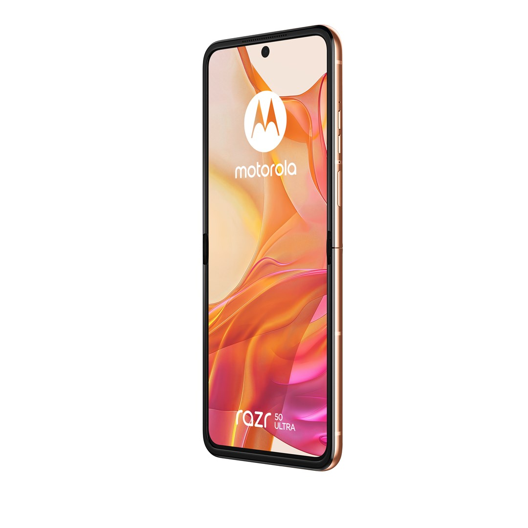 Ein Motorola Razr 50 Ultra-Handy wird gezeigt, goldener Rahmen, schwarzer Bildschirmrahmen, mit buntem abstraktem Hintergrund und Motorola-Logo.