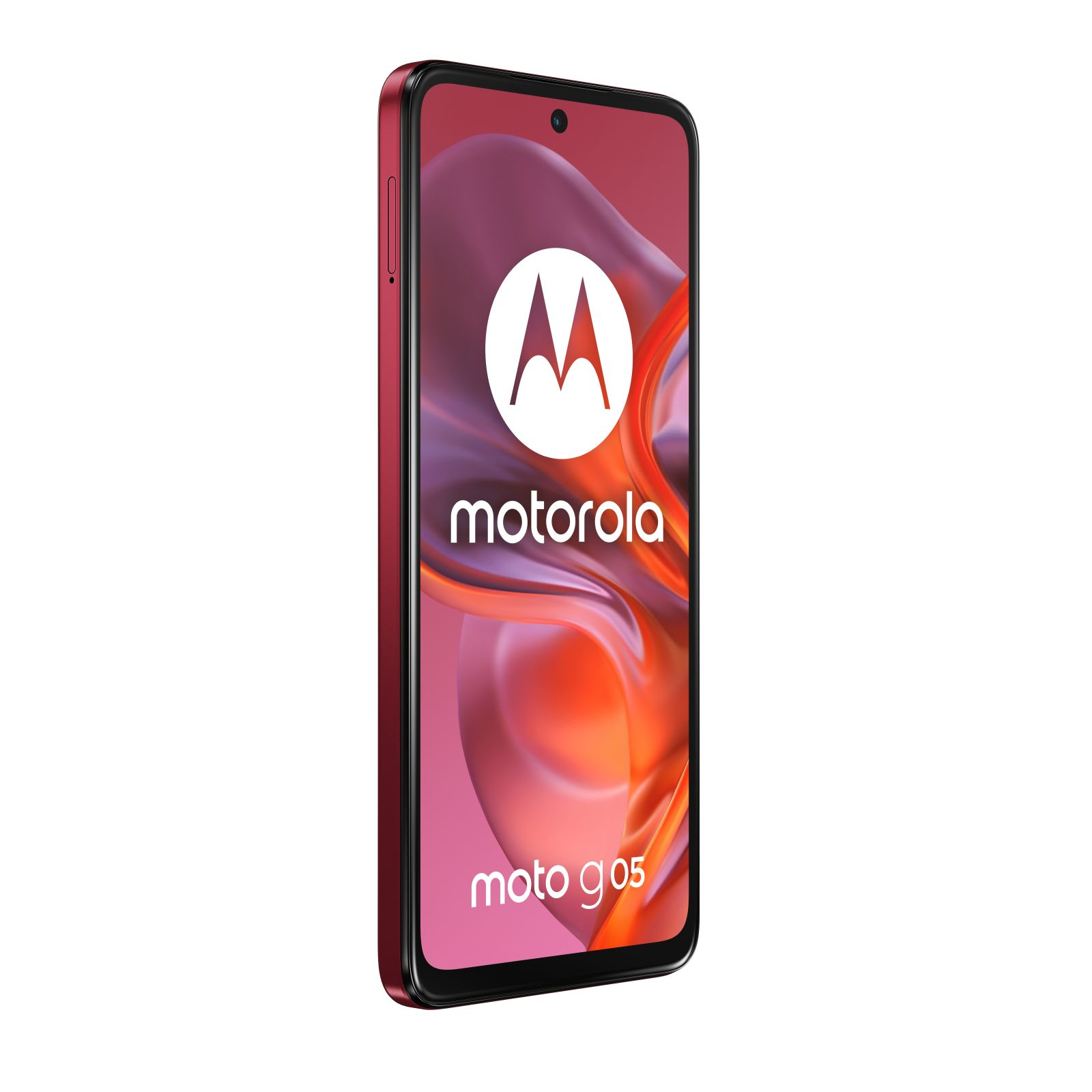 Een rode Motorola Moto g05 smartphone. Het scherm toont het Motorola-logo en het telefoonmodel op een verloopachtergrond.