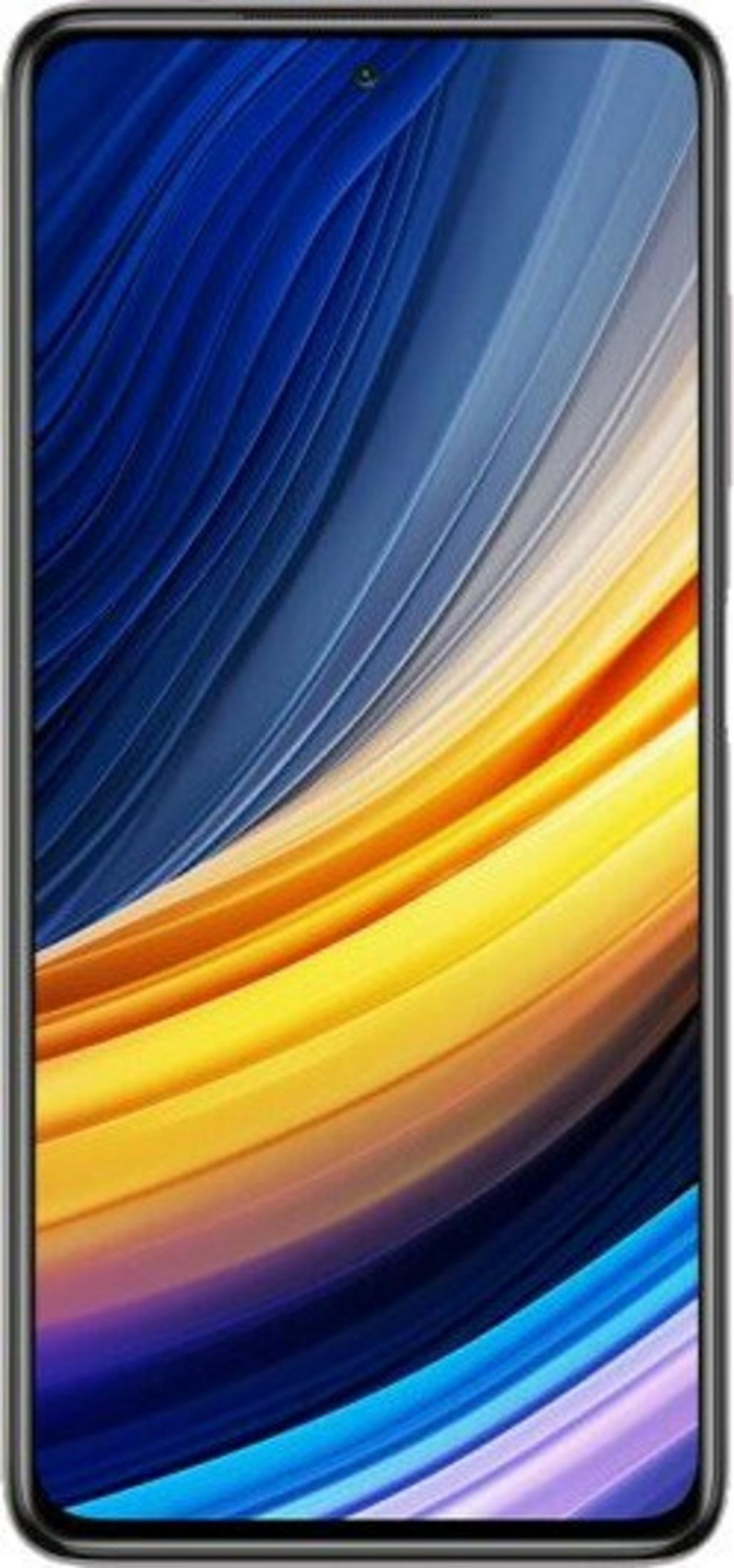 A smartphone screen with a colorful abstract design of blue, yellow, and orange flowing lines.