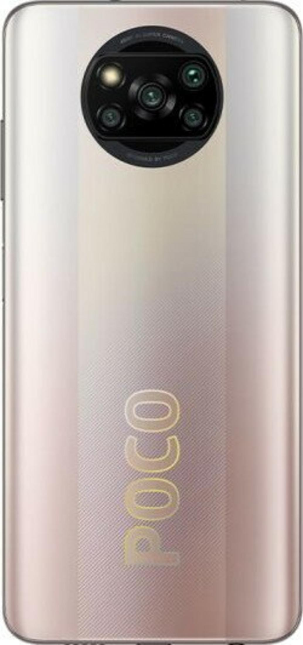 Back of a phone, gold-pink gradient. Features a camera module with multiple lenses and the word POCO.