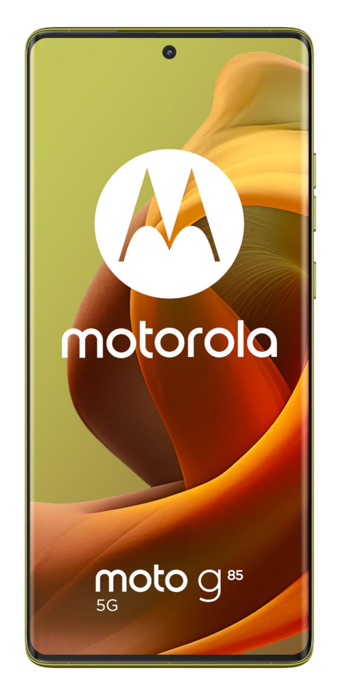Smartfon Motorola wyświetla logo marki i 'moto g85 5G'. Tło jest abstrakcyjne pomarańczowe i żółte.
