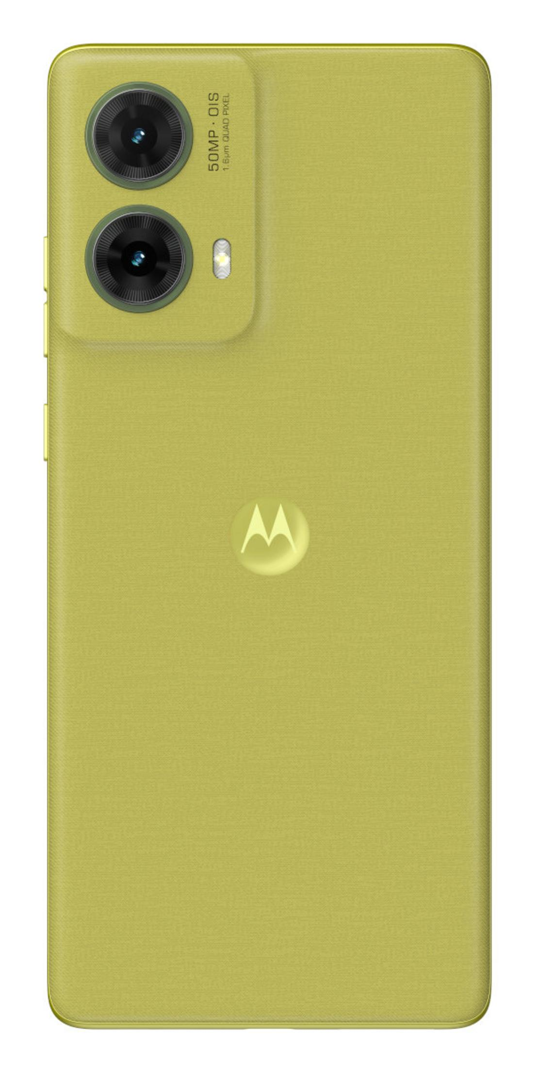 Żółty telefon Motorola z aparatem z dwoma obiektywami i logo Motorola. Telefon ma teksturowany tył.