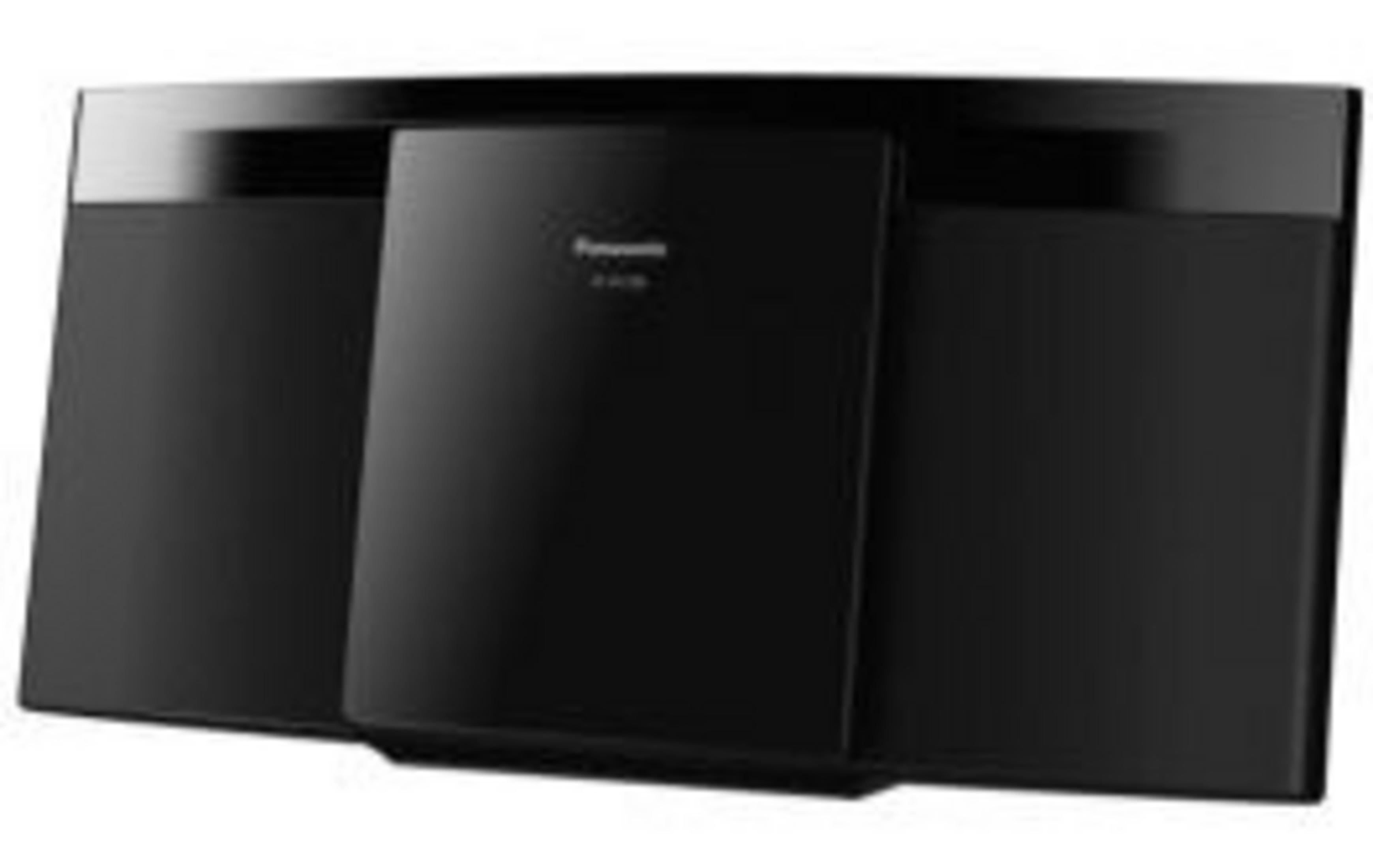 Czarny system audio Panasonic. Posiada dwa głośniki po bokach i centralną jednostkę z marką.