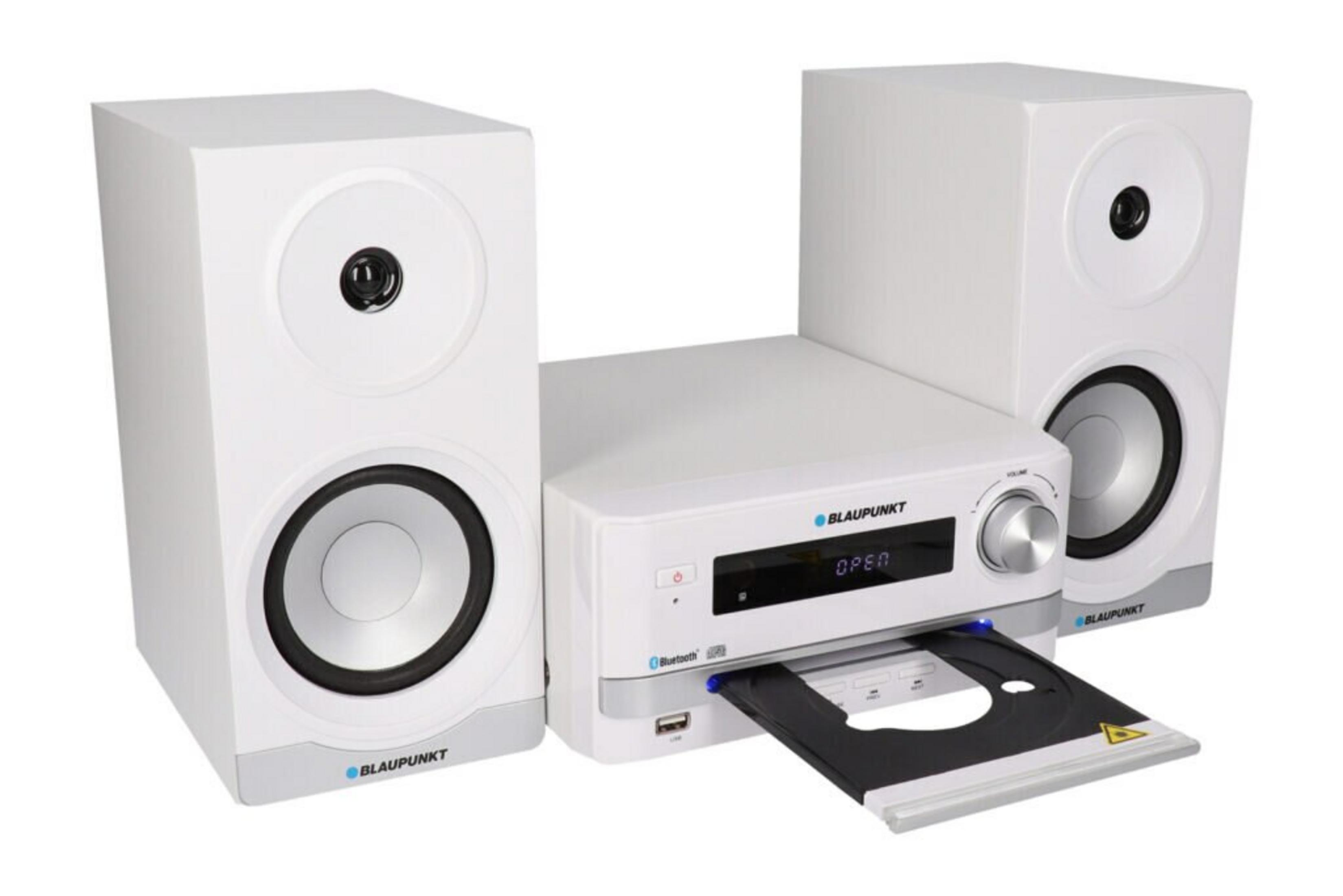 Biały system stereo z dwoma głośnikami i jednostką centralną. Taca CD jest otwarta, wyświetlając płytę CD.