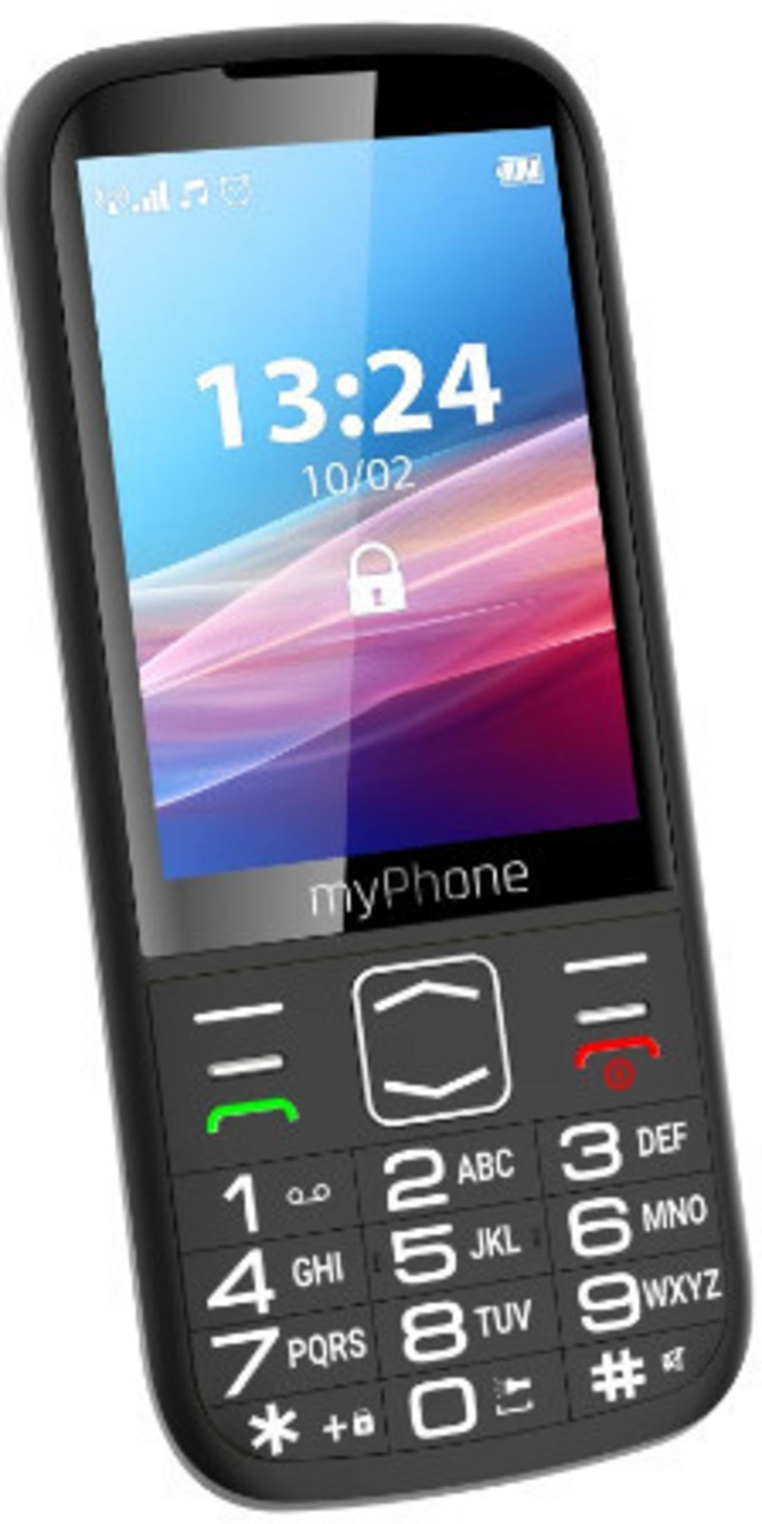 Un myPhone negro con una pantalla que muestra las 13:24 y un icono de candado. Tiene un teclado con números y teclas de función.