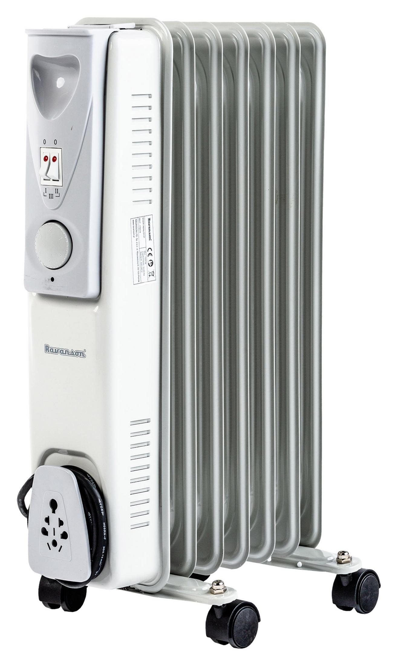 Un radiatore elettrico a olio. Ha alette verticali, ruote e un pannello di controllo. Il colore è bianco e grigio.