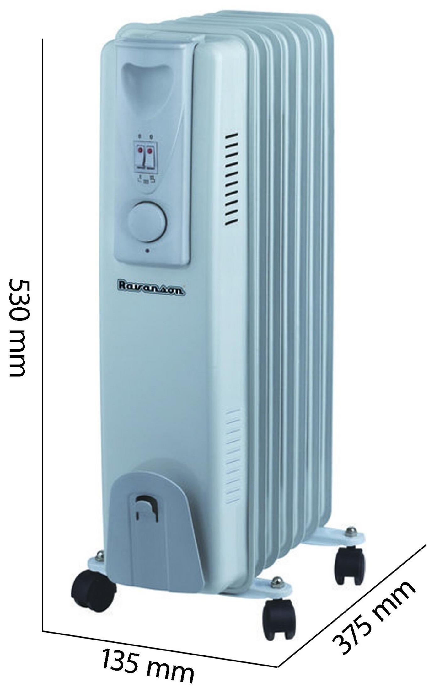 Un radiatore ad olio azzurro con dimensioni indicate. Ha un pannello di controllo ed è su ruote. Il marchio è Ravanson.