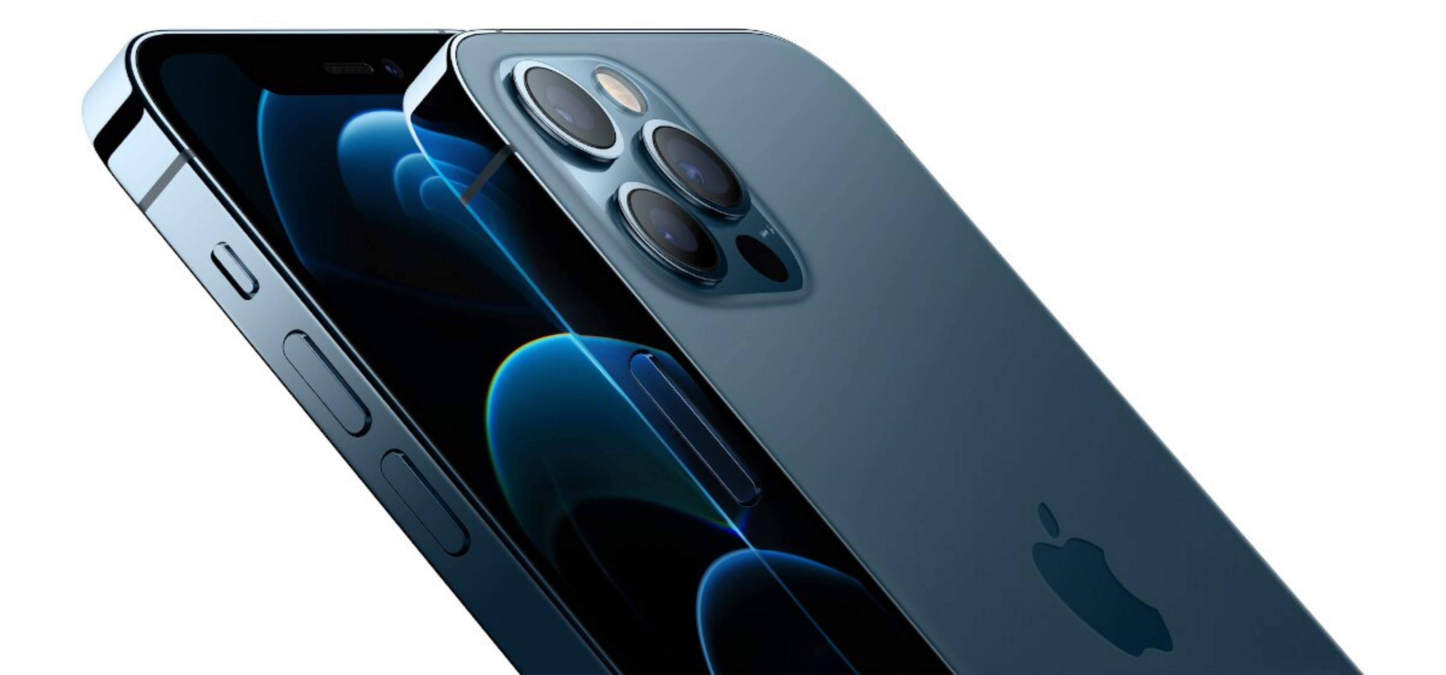Ciemnoniebieski iPhone 12 Pro, prezentujący obiektywy aparatu i ekran. Logo Apple widoczne z tyłu.