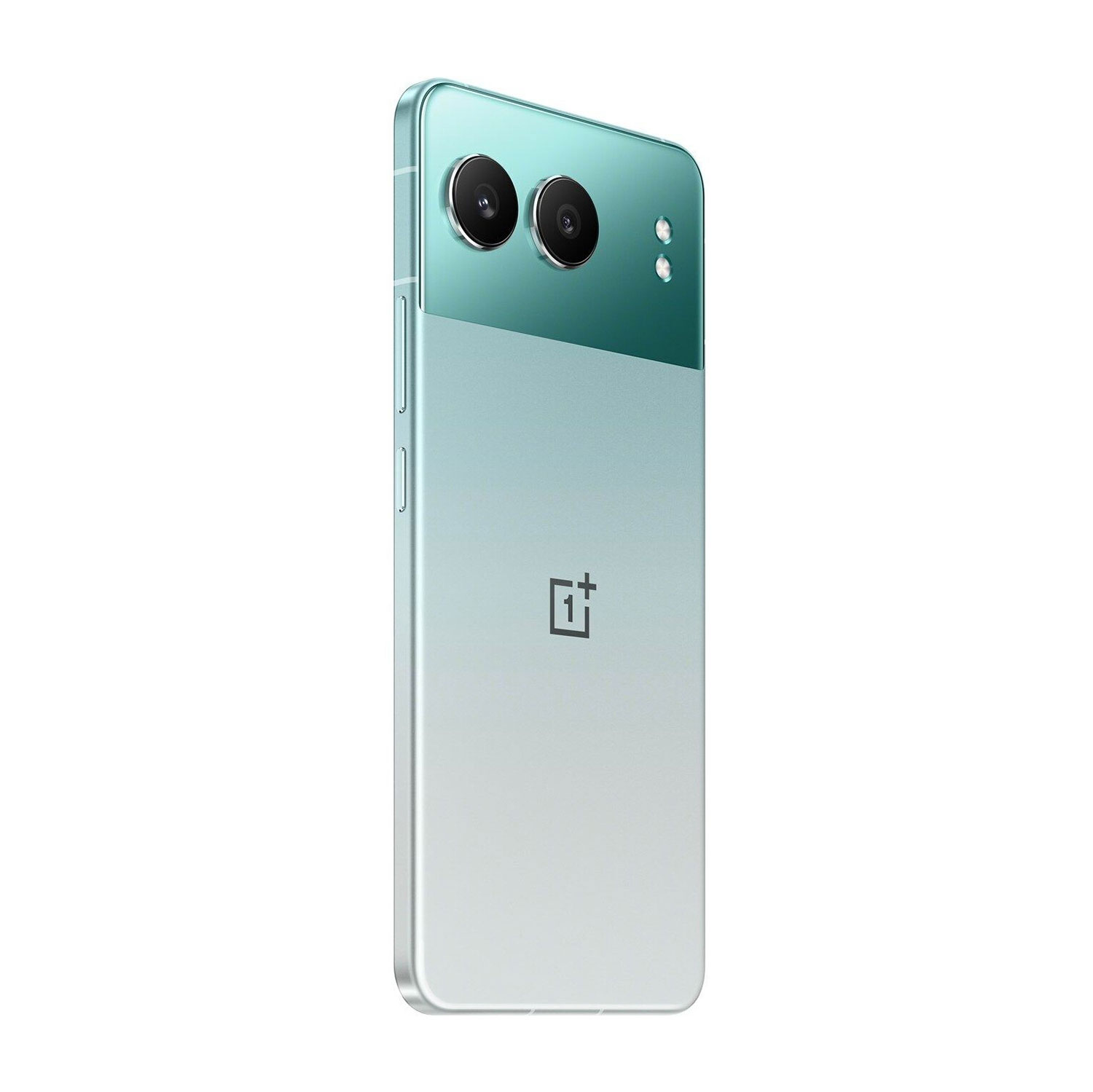 Un smartphone turquesa con doble cámara, flash y logotipo de OnePlus. El teléfono tiene un esquema de color degradado, que va del turquesa al blanco.