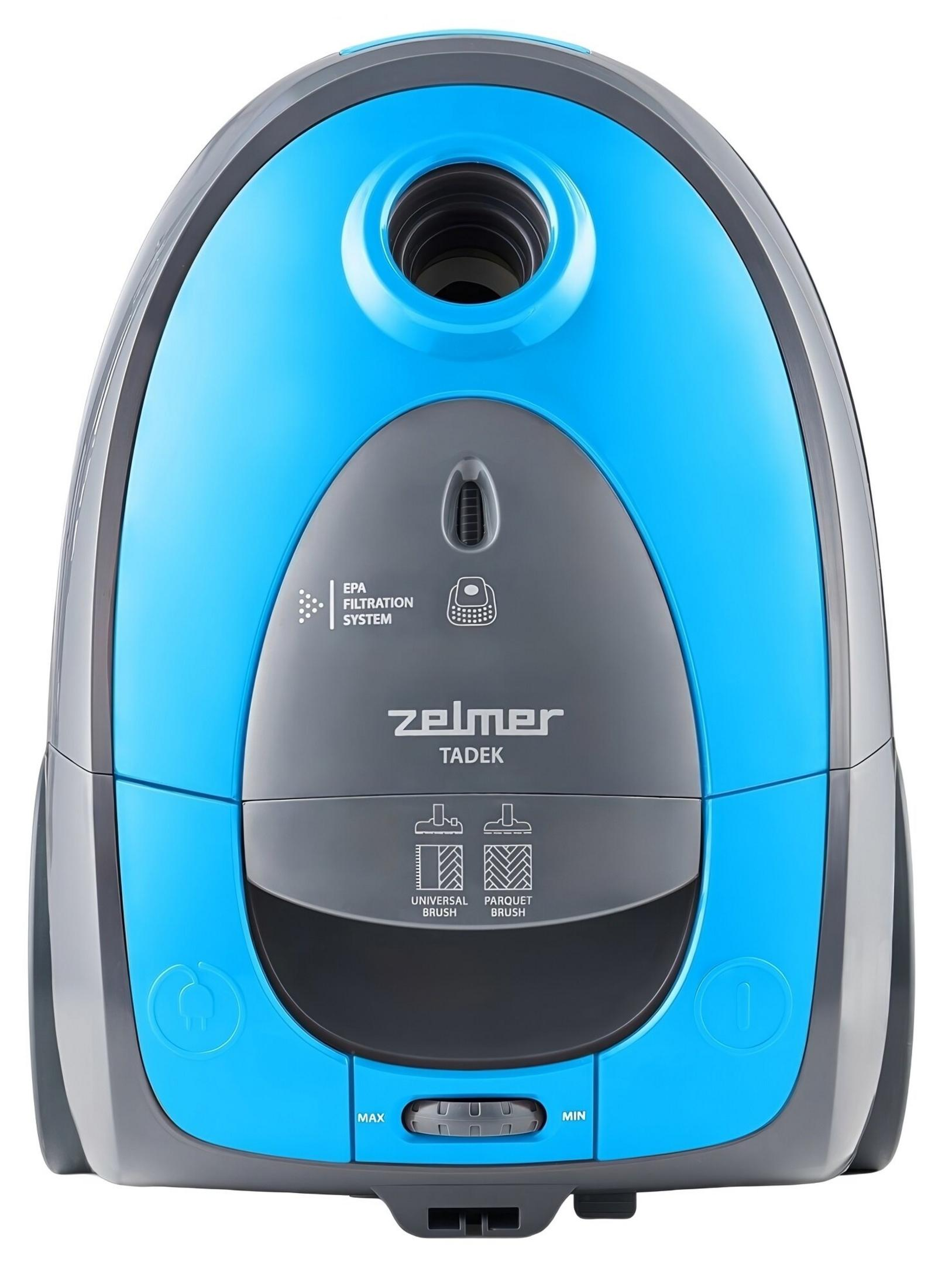 Un aspirapolvere Zelmer Tadek blu e grigio. Caratteristiche filtro EPA, simboli spazzola universale e parquet.