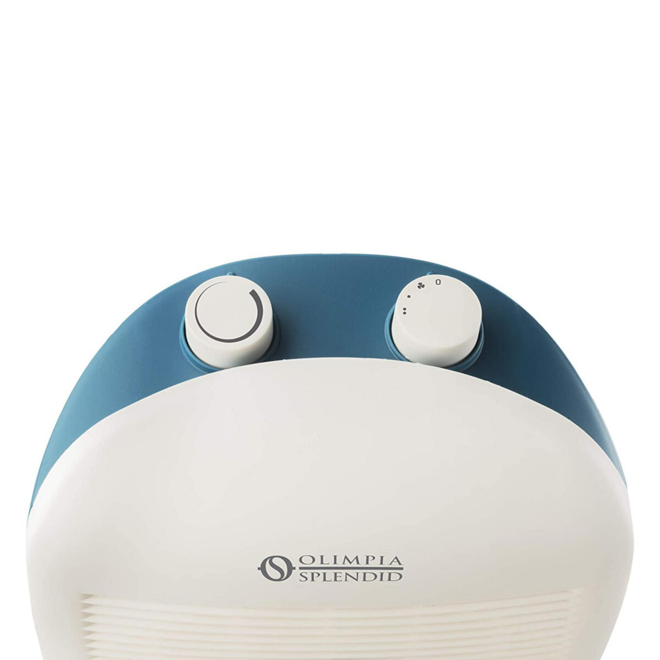 Biało-niebieski oczyszczacz powietrza z dwoma pokrętłami. Widoczna nazwa marki 'Olimpia Splendid'.