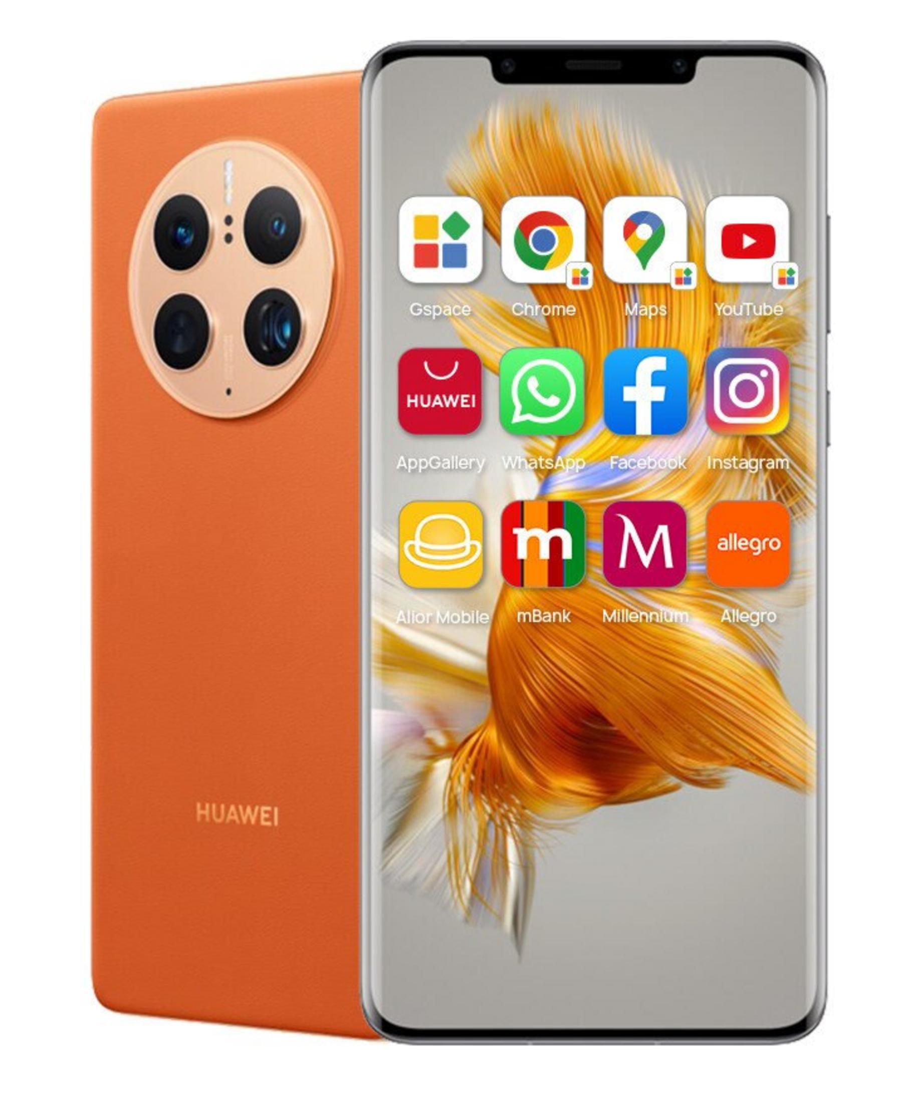Téléphone Huawei orange avec applications à l'écran. Module caméra arrière visible. Fond avec design doré abstrait.