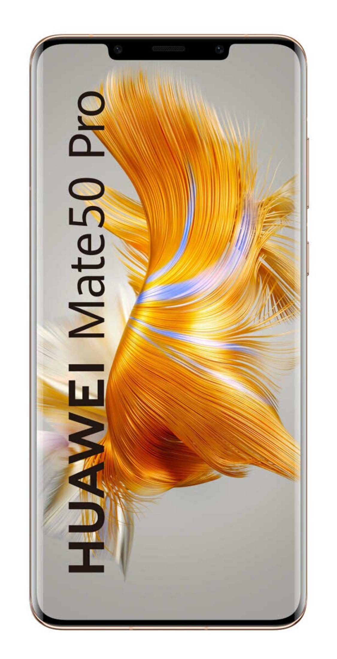Un écran de smartphone affiche un art abstrait doré en forme de cheveux. Le téléphone est étiqueté HUAWEI Mate50 Pro. L'écran a une encoche.