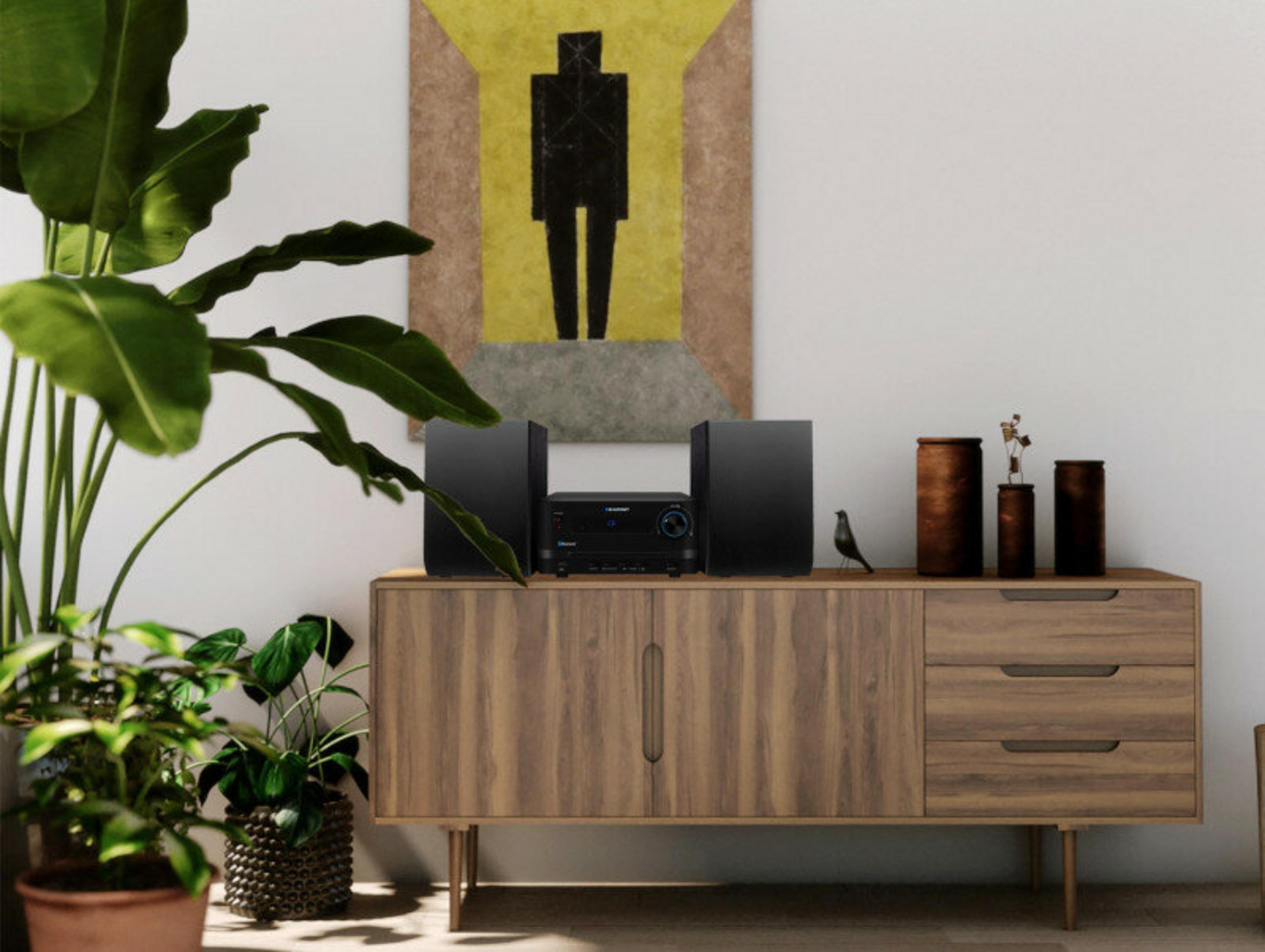 Pokój z drewnianą szafką, głośnikami, sztuką i roślinami. Czarna statua ptaka stoi na szafce.