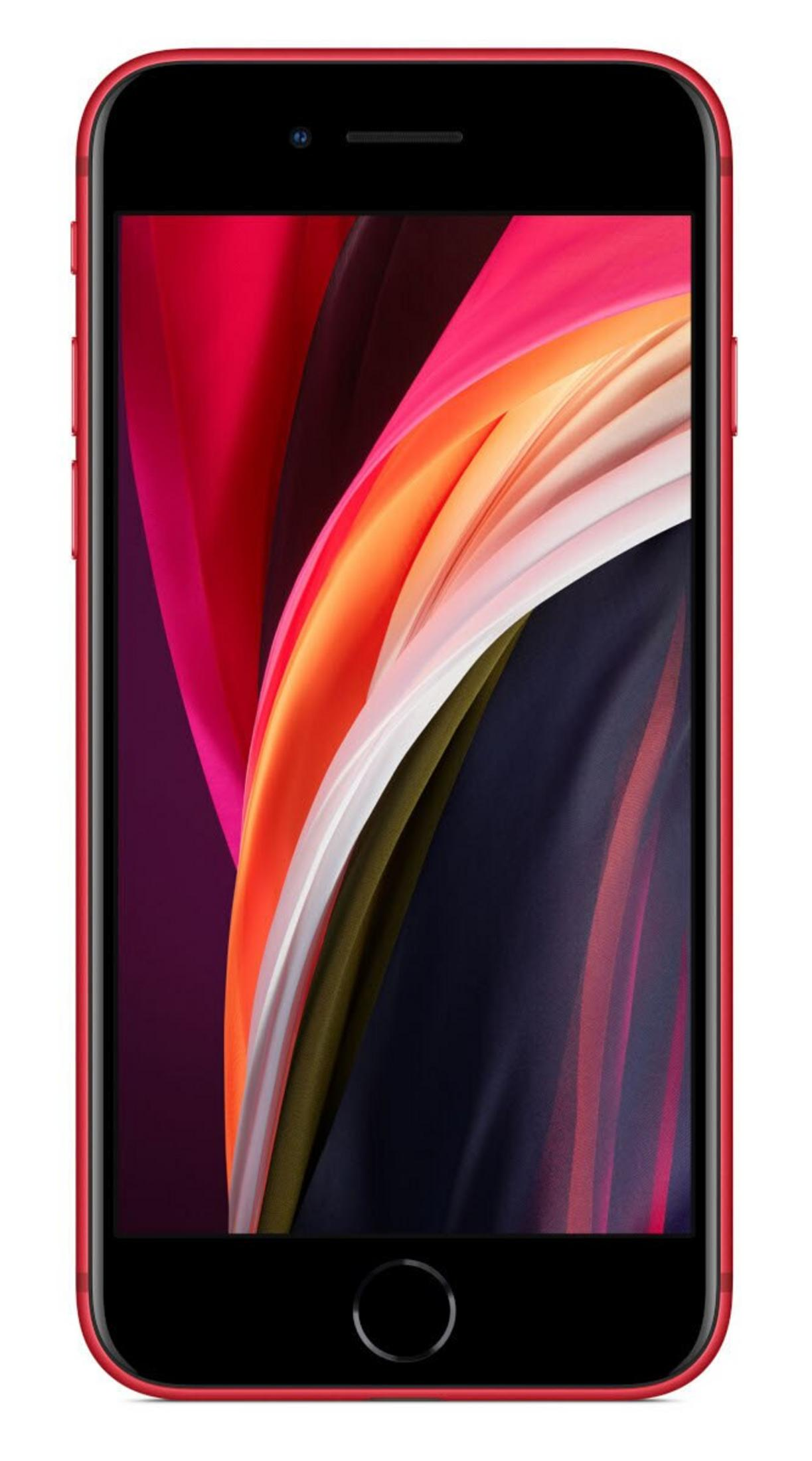 Czerwony smartfon z czarnym ekranem wyświetlającym kolorową sztukę abstrakcyjną. Ma jeden przycisk na dole i aparat na górze.