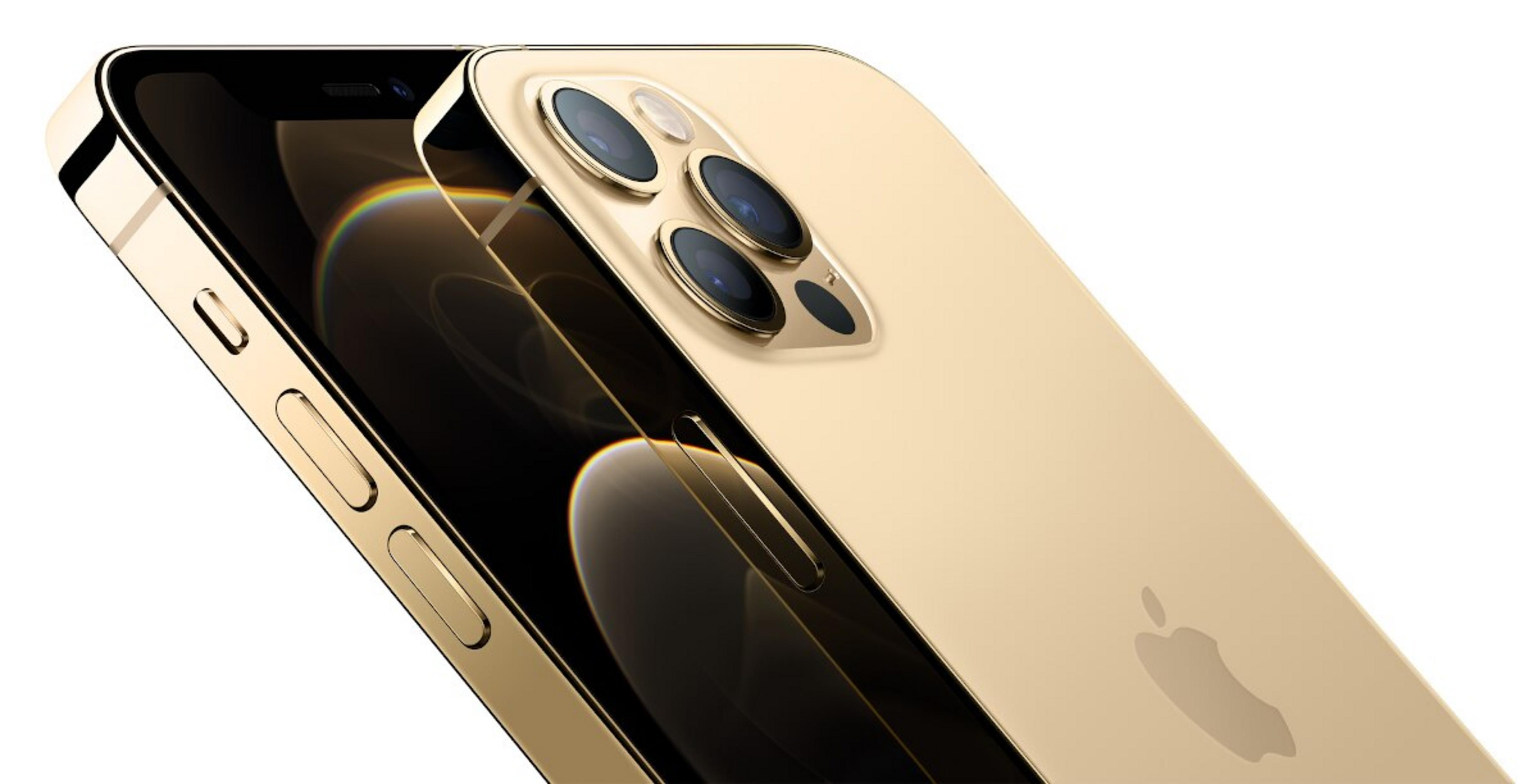 iPhone 12 Pro oro, mostra il retro con tre fotocamere, logo Apple e lato con pulsanti. Schermo nero.