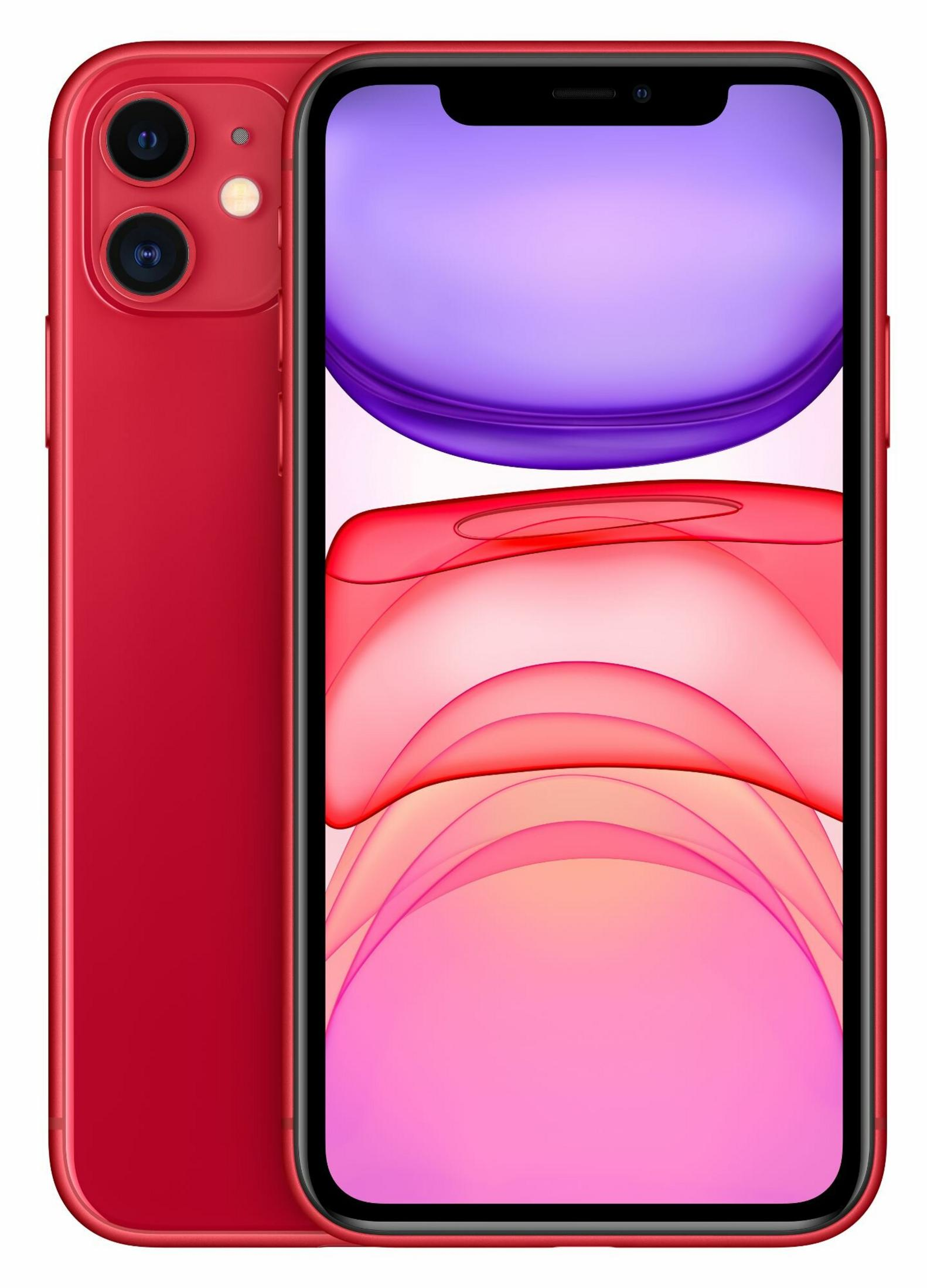 Czerwony smartfon z czarnym ekranem. Wyświetlacz pokazuje kolorowe kształty. Dwa aparaty z tyłu. Telefon na białym tle.