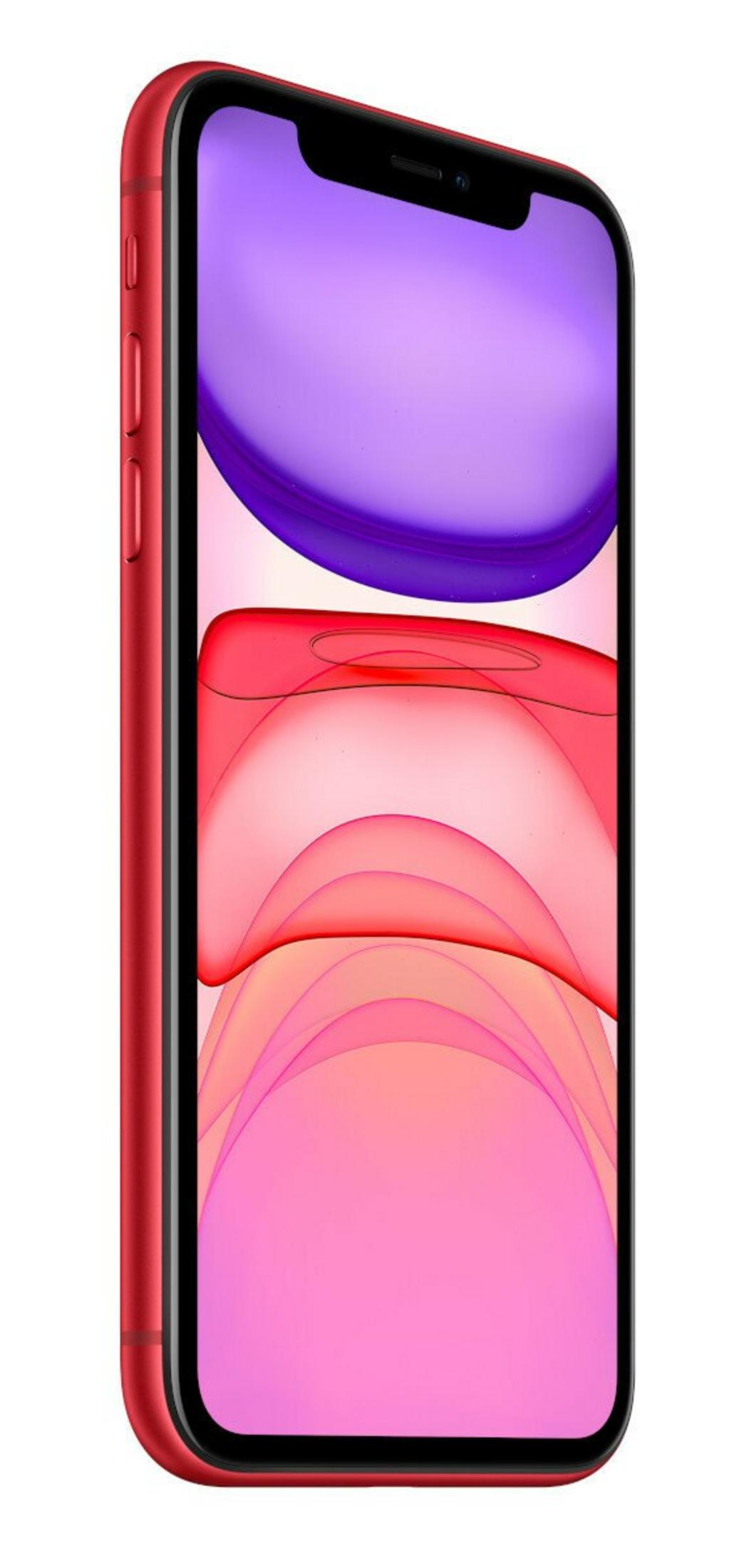 Czerwony iPhone 11 z czarnym ekranem. Ekran wyświetla różowe, czerwone i fioletowe abstrakcyjne kształty.
