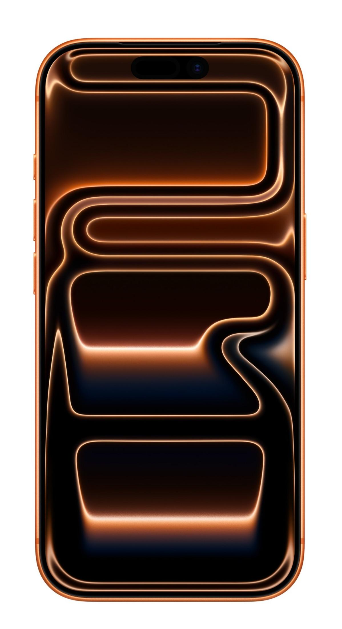 Uno smartphone con schermo nero e linee arancioni illuminate che formano forme. Il telefono ha una cornice arancione e uno sfondo bianco.