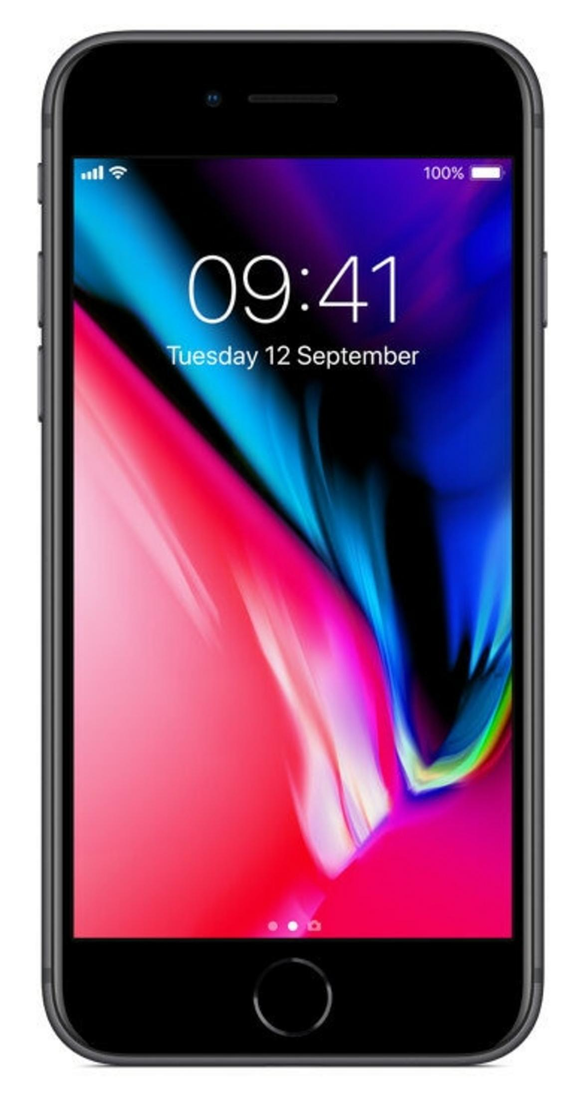 Ekran smartfona wyświetla godzinę 09:41, z kolorowym, abstrakcyjnym tłem. Telefon jest czarny.