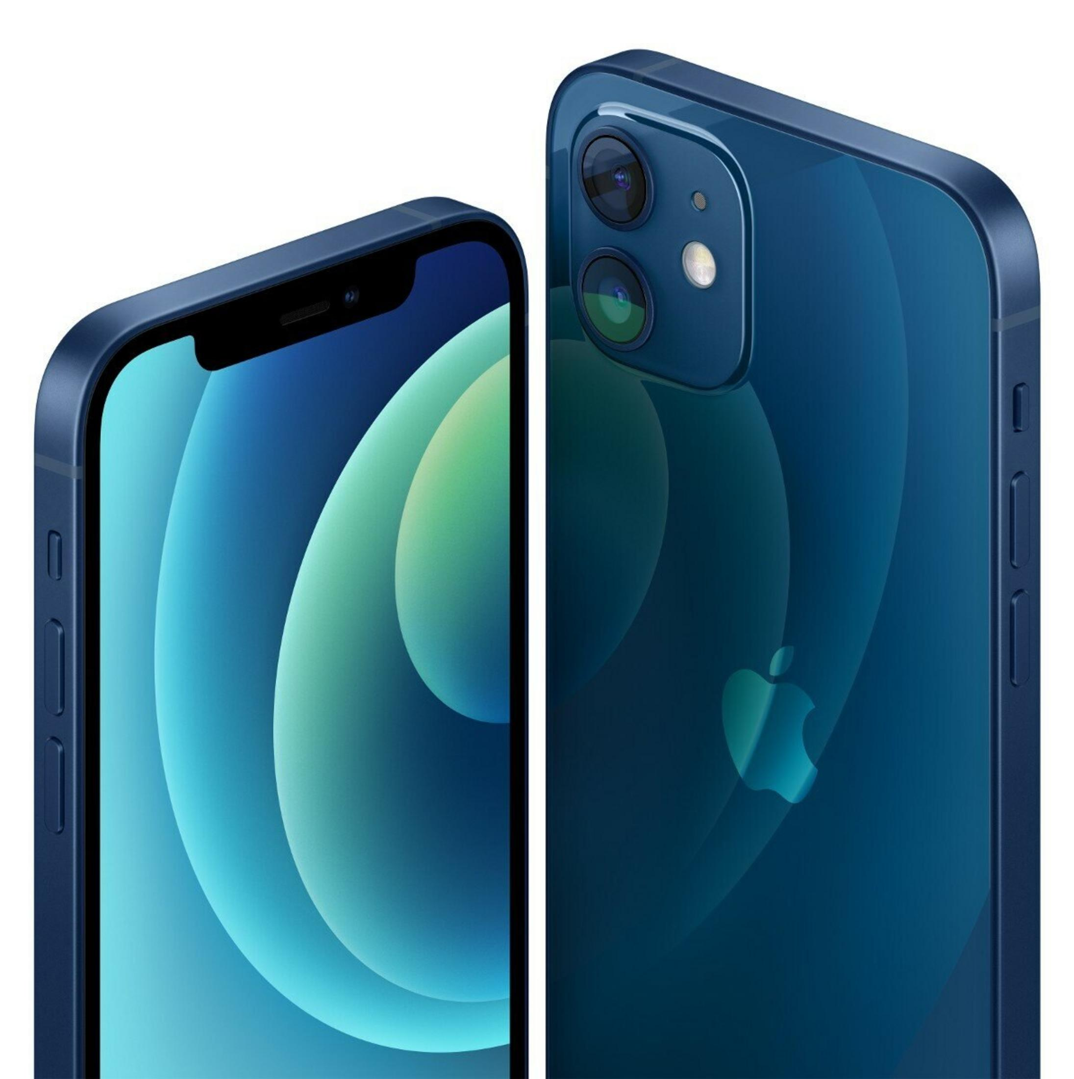 Due iPhone 12 blu. Uno mostra una sfumatura blu e bianca, l'altro la fotocamera e il logo Apple.
