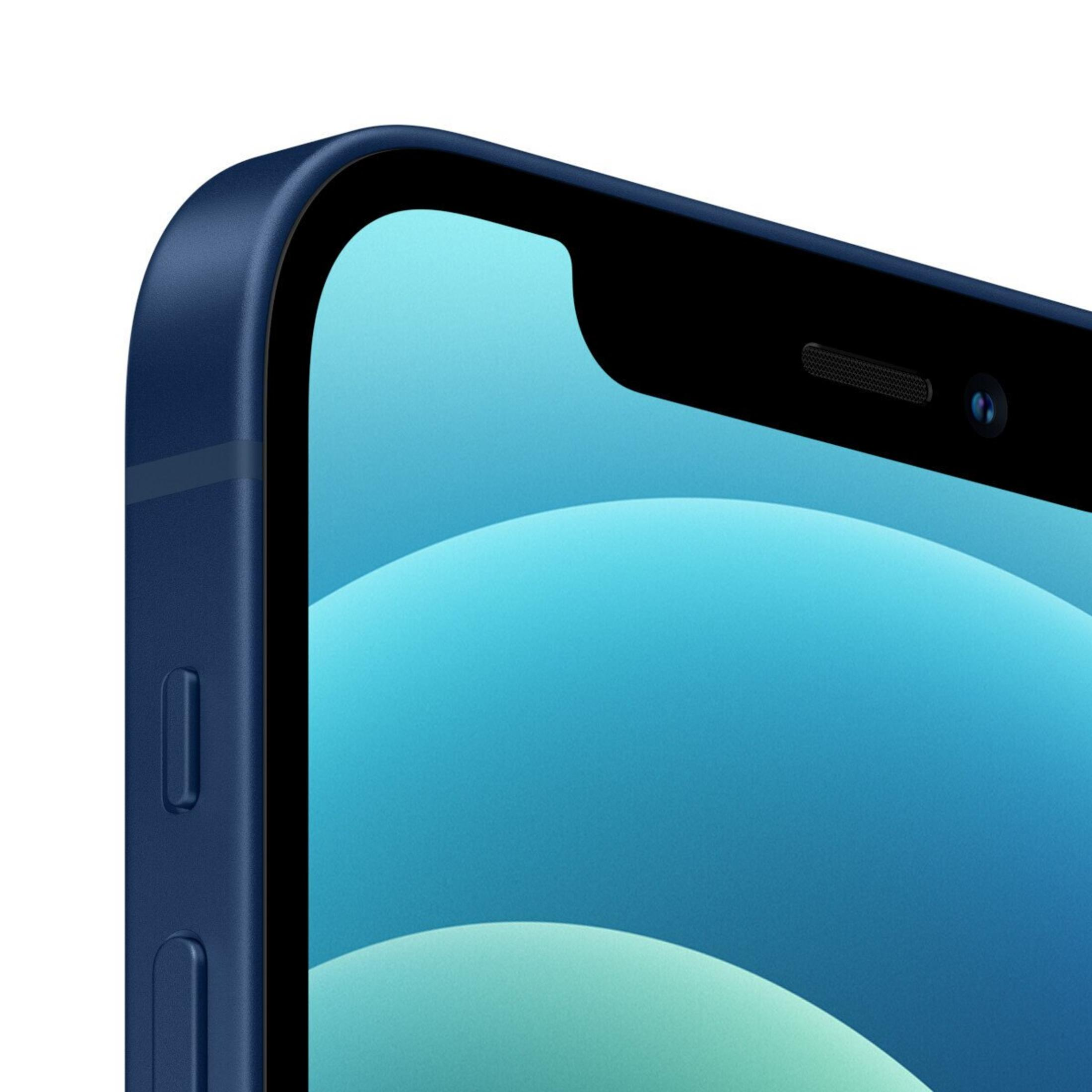 Primo piano di uno smartphone blu. Lo schermo mostra una sfumatura blu. Il telefono ha una fotocamera frontale nera.