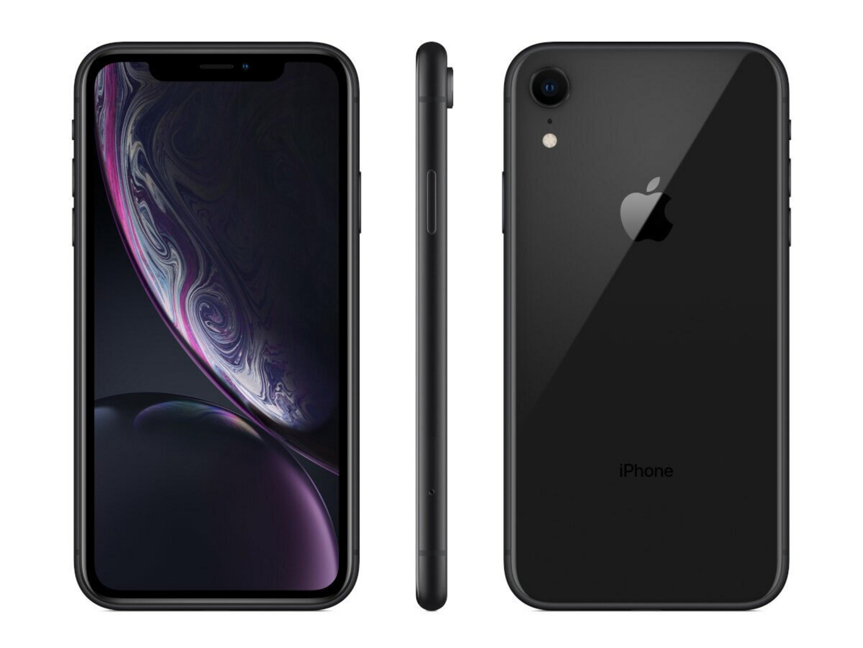 Czarny iPhone XR, widok z przodu, z boku i z tyłu. Ekran wyświetla abstrakcyjny fioletowo-biały wzór. Logo Apple.