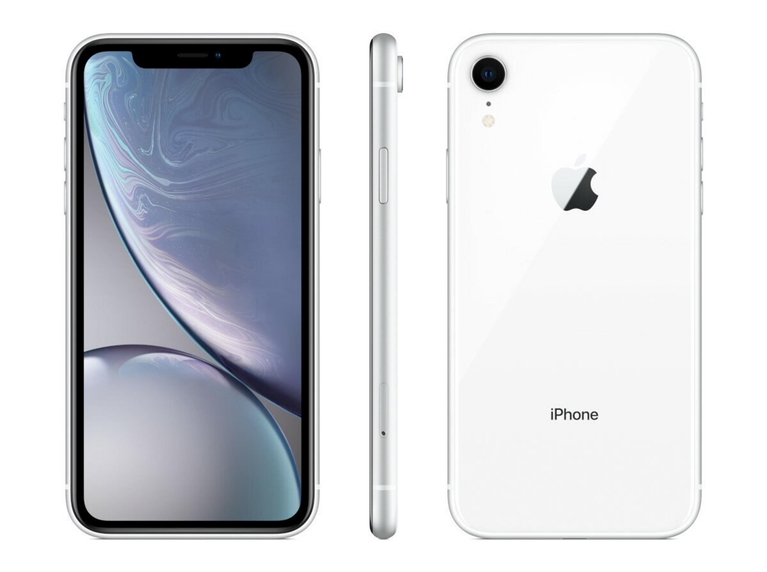 Trzy widoki białego iPhone'a. Przód pokazuje ekran, widok z boku i tył z logo Apple i aparatem.