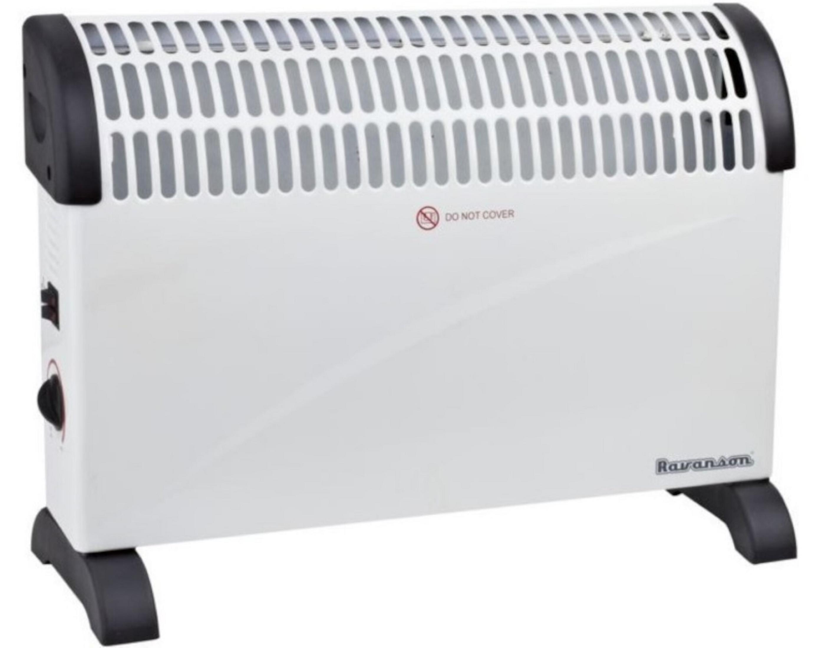 Un termoventilatore elettrico bianco con dettagli neri, un'avvertenza di sicurezza e il marchio 'Ravanson'.
