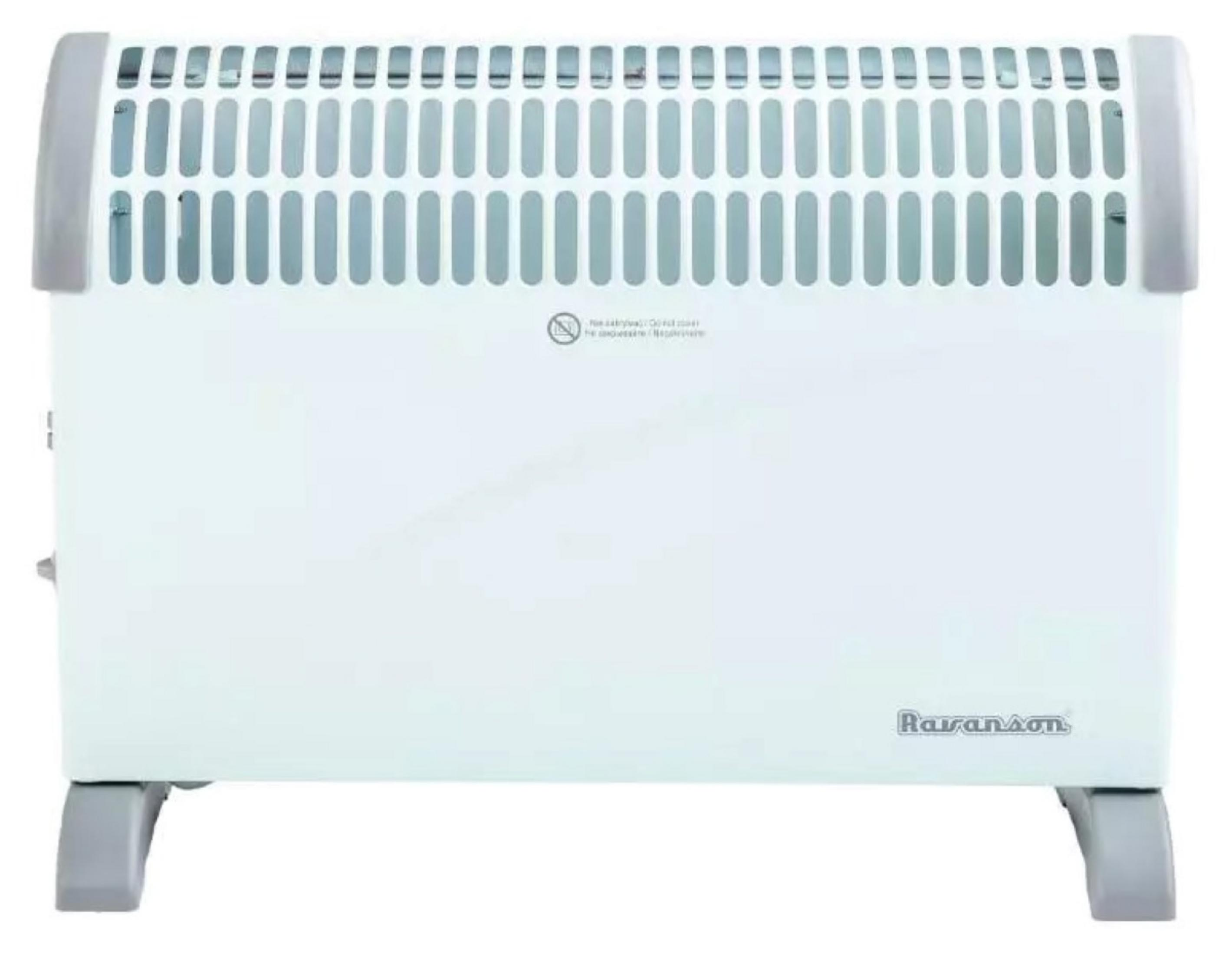 Un riscaldatore elettrico bianco con design a ventilazione, dettagli grigi e piedini. Il marchio 'Ravanson' è visibile.