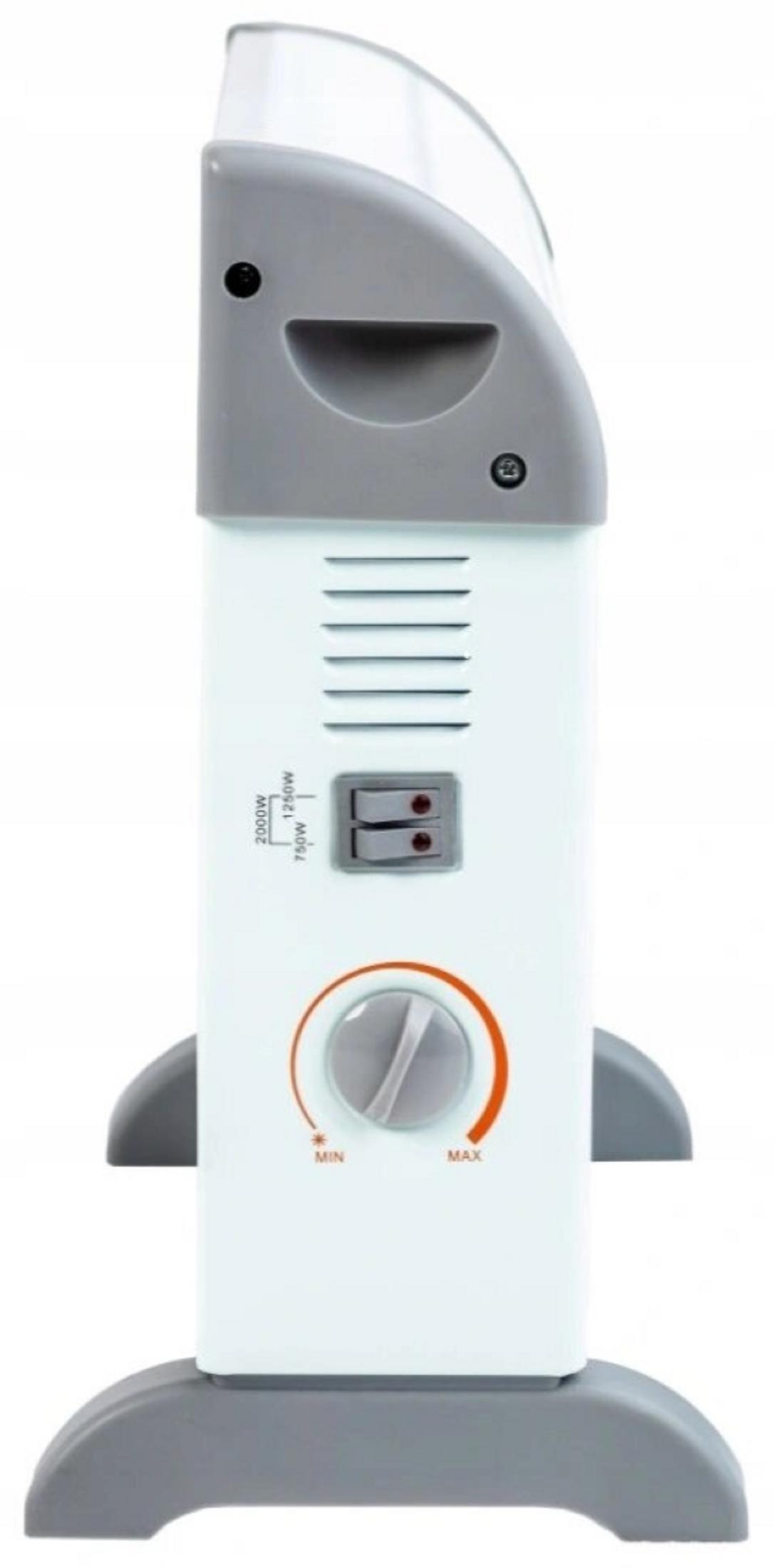 Un termoventilatore elettrico bianco e grigio. Ha un quadrante di alimentazione, due interruttori e una serie di prese d'aria. La base è grigia.