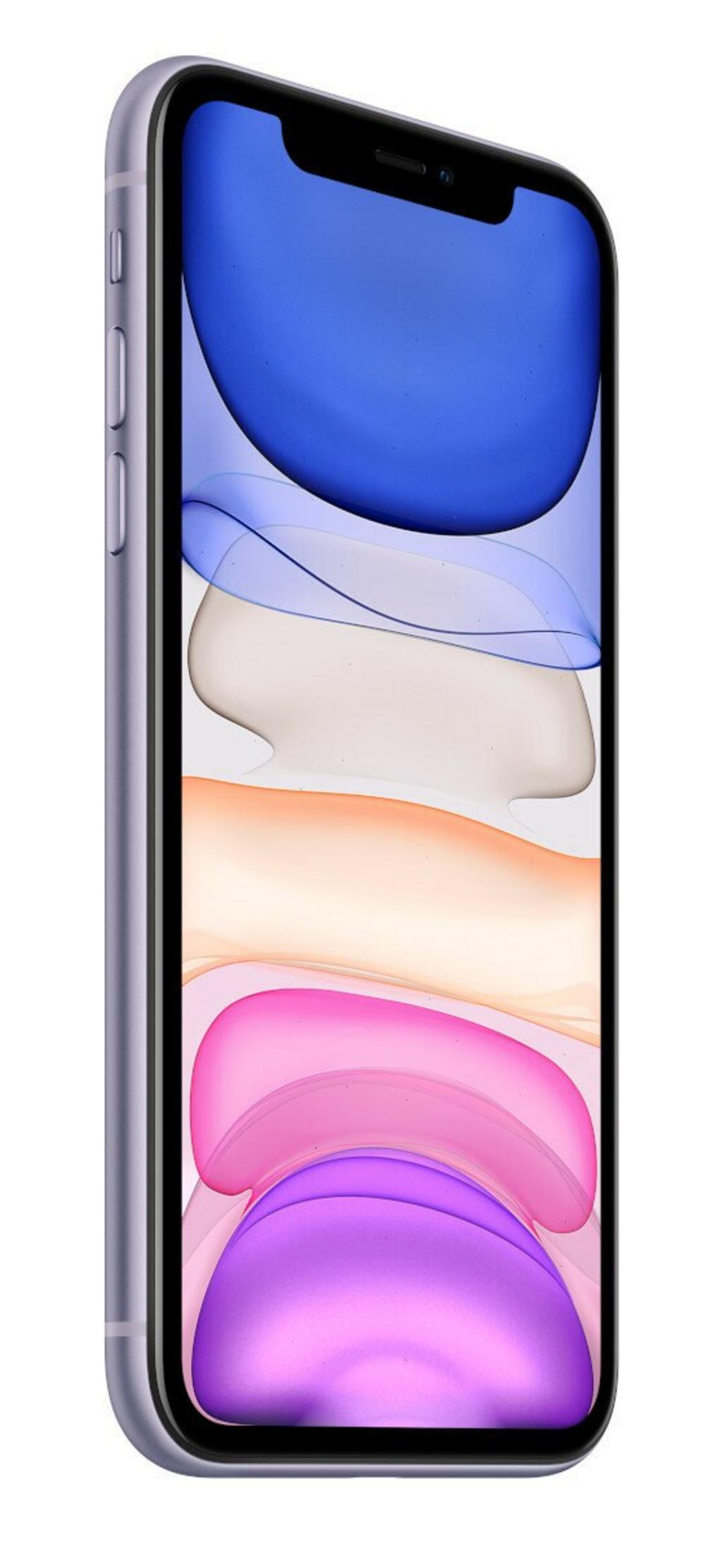 Fioletowy iPhone 11 z kolorową tapetą przedstawiającą niebieskie, białe, pomarańczowe, różowe i fioletowe gradienty.