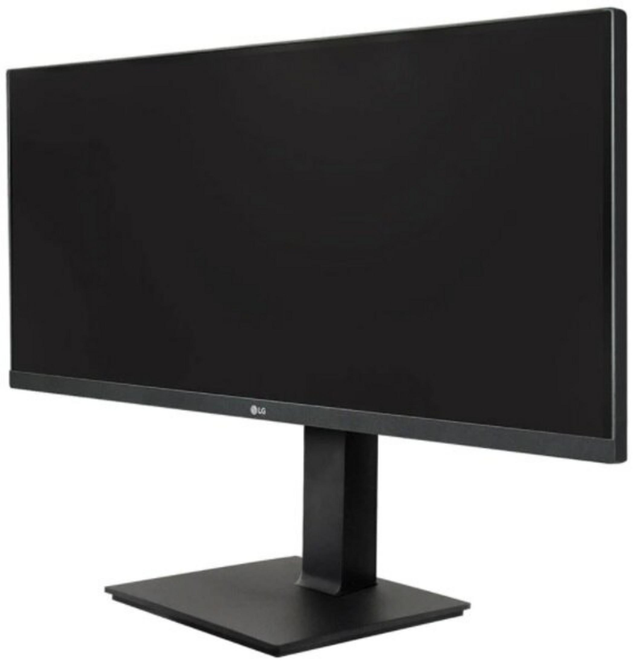 Un monitor di computer nero su un supporto nero. Lo schermo è scuro. Il logo LG è visibile.