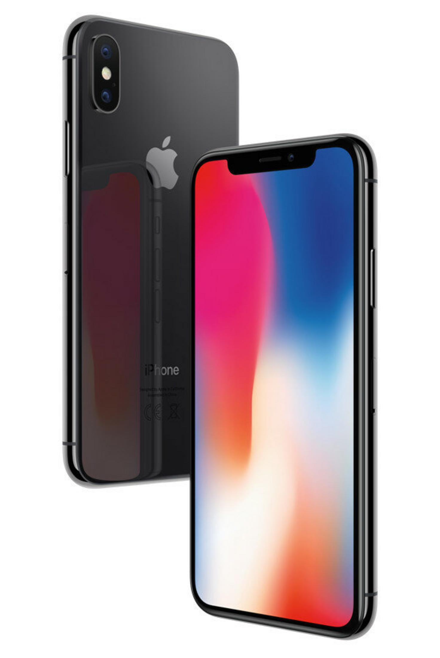 Dwa czarne iPhone'y. Jeden pokazuje tył z logo Apple, drugi przód z kolorowym ekranem.