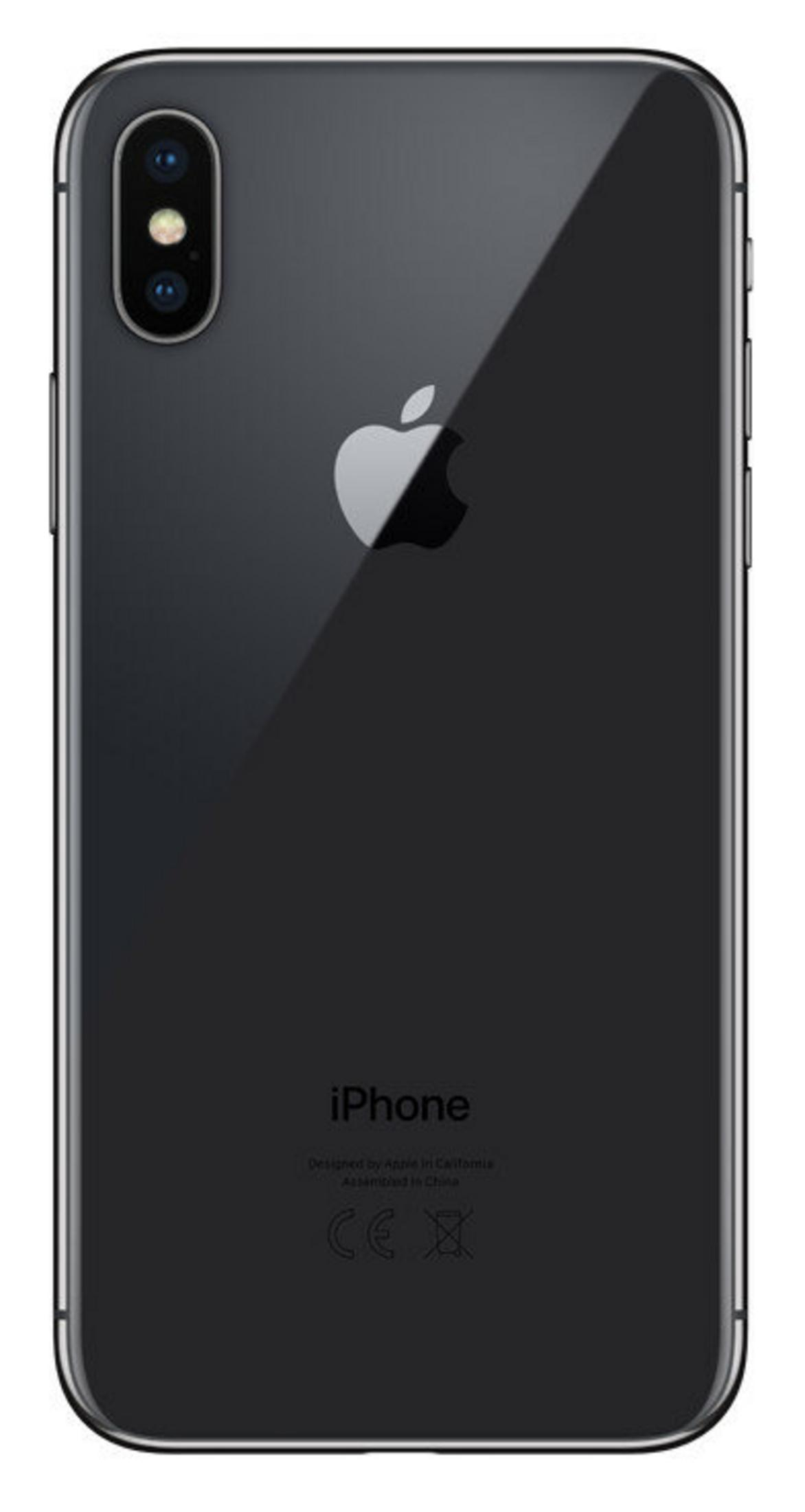 Czarny tył iPhone'a. Widoczne logo Apple, podwójny aparat, napis iPhone i oznaczenia CE.