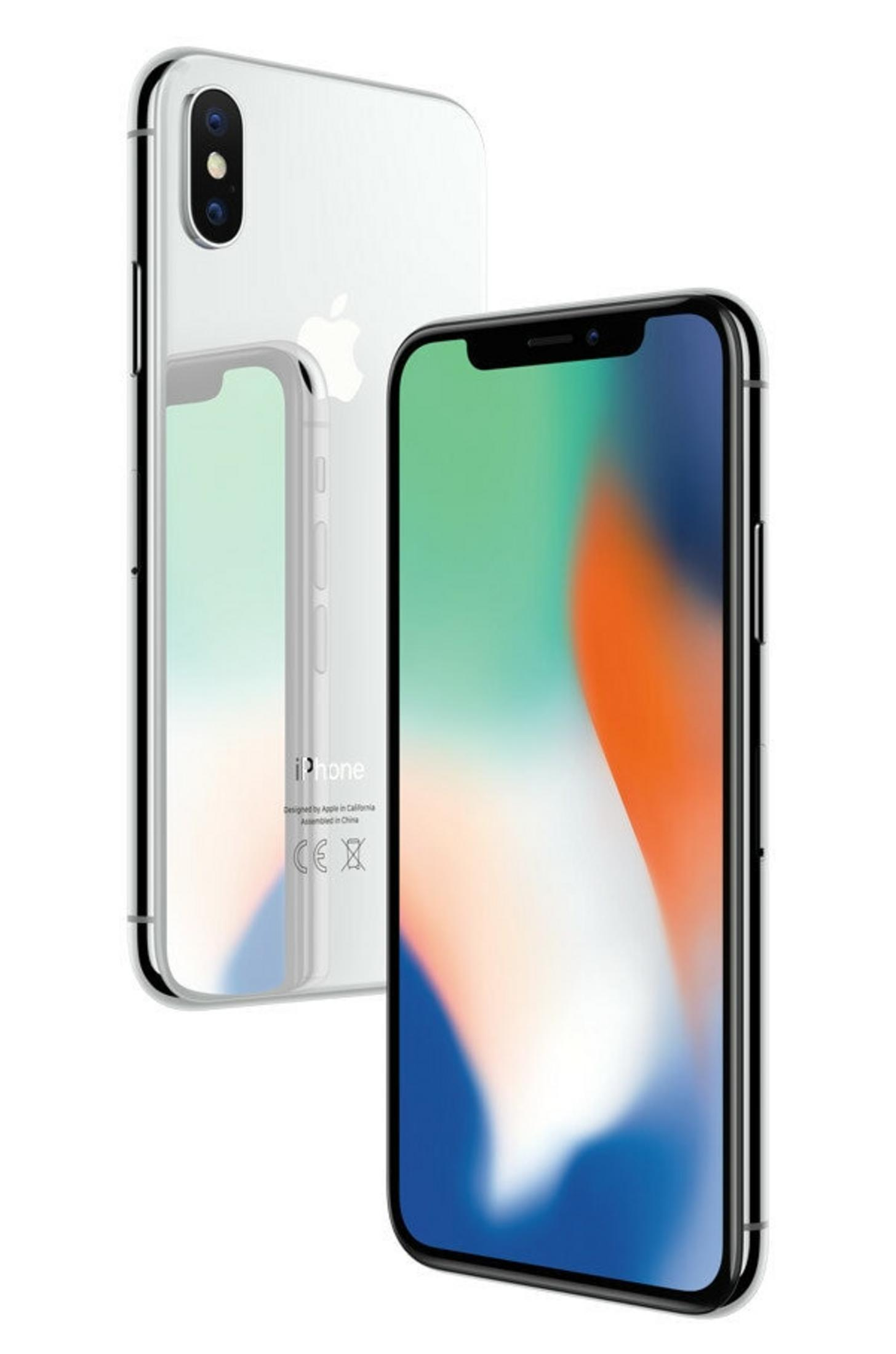 Due iPhone X, uno dietro l'altro. Uno mostra il retro, l'altro lo schermo con arte astratta colorata.