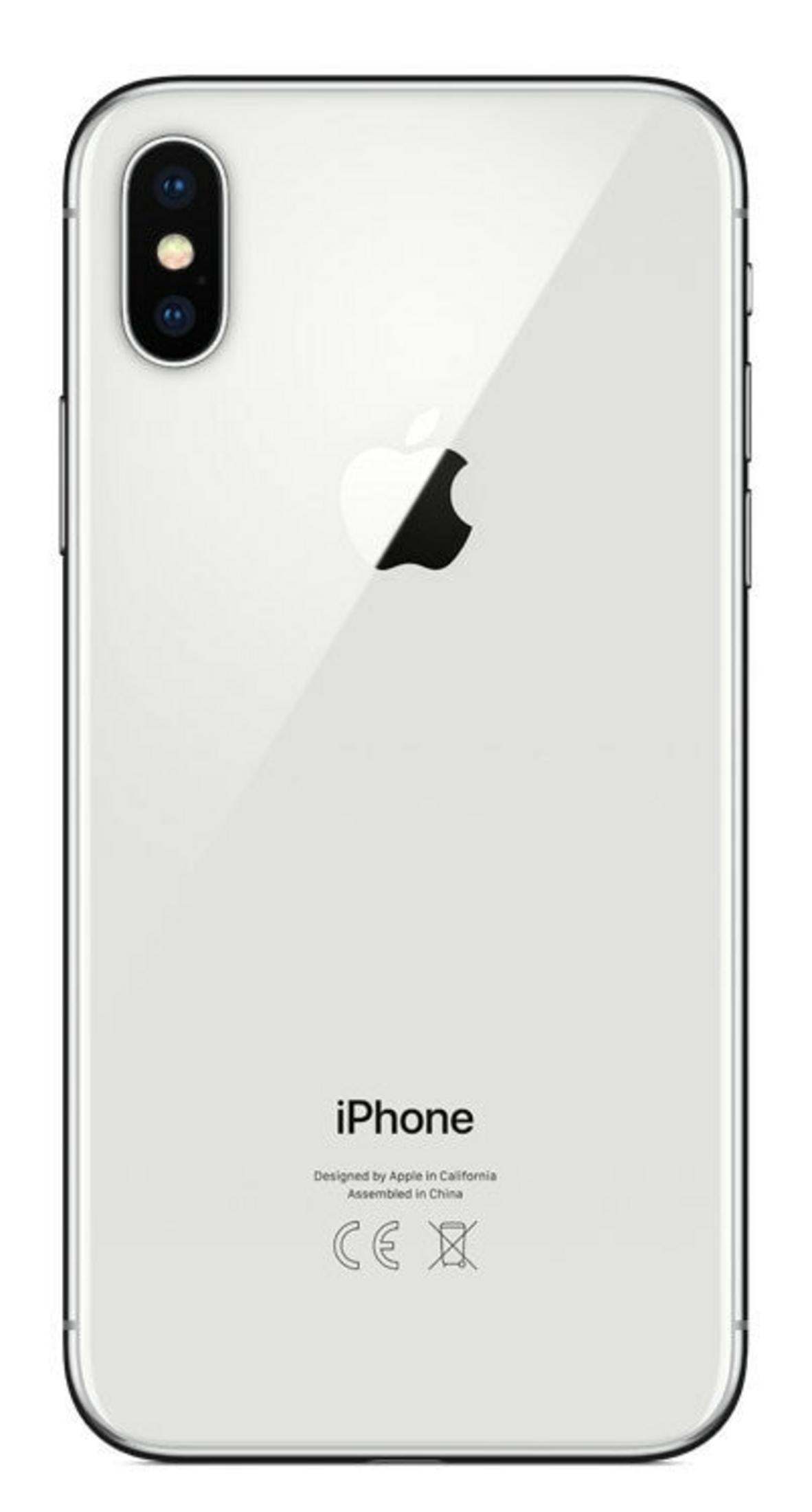 Retro di un iPhone bianco. Presenta il logo Apple, doppia fotocamera e la parola iPhone con dettagli di fabbricazione.