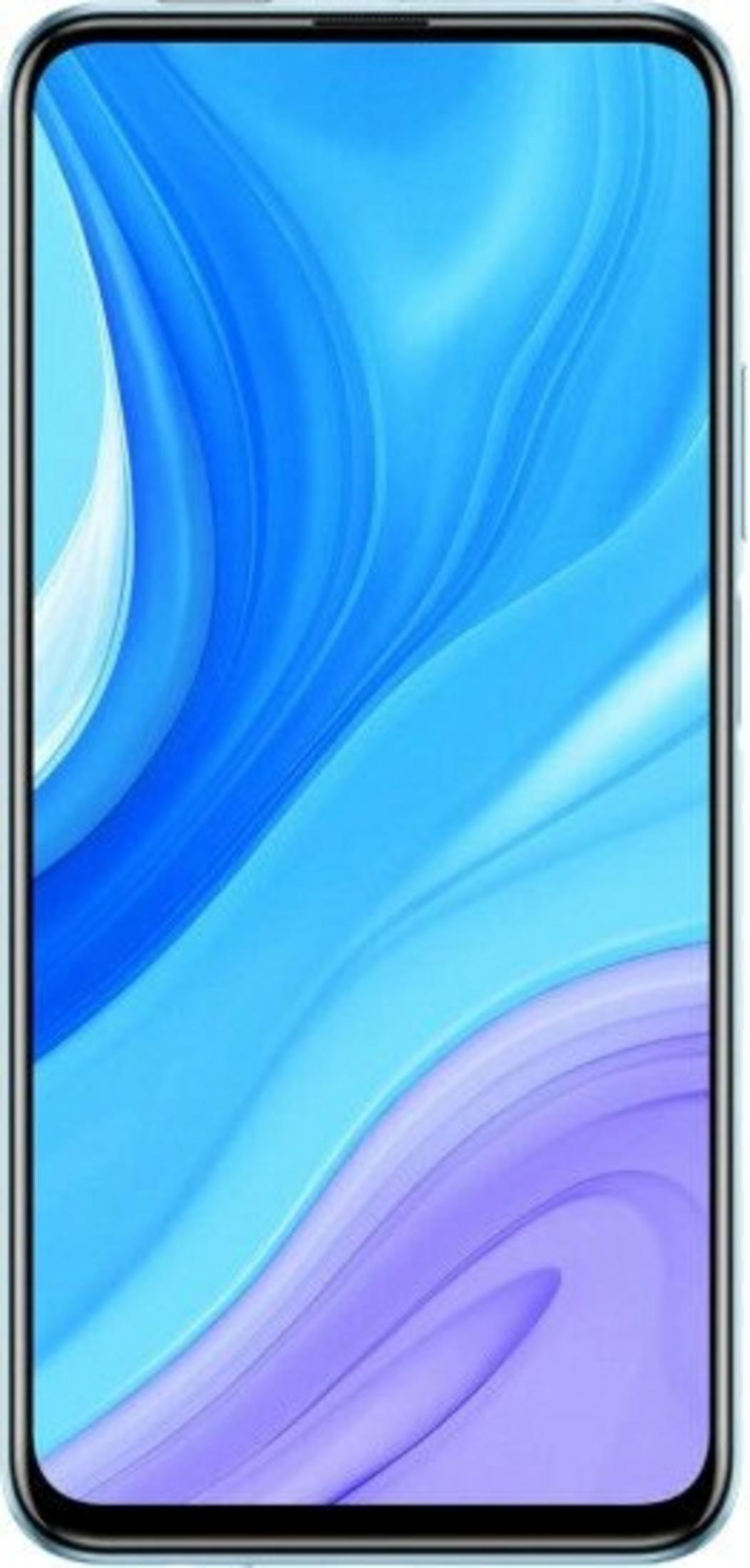 Ein Smartphone mit blauem und lila Farbverlauf auf dem Bildschirm. Das Telefon hat einen schwarzen Rand und einen hellblauen Rahmen.