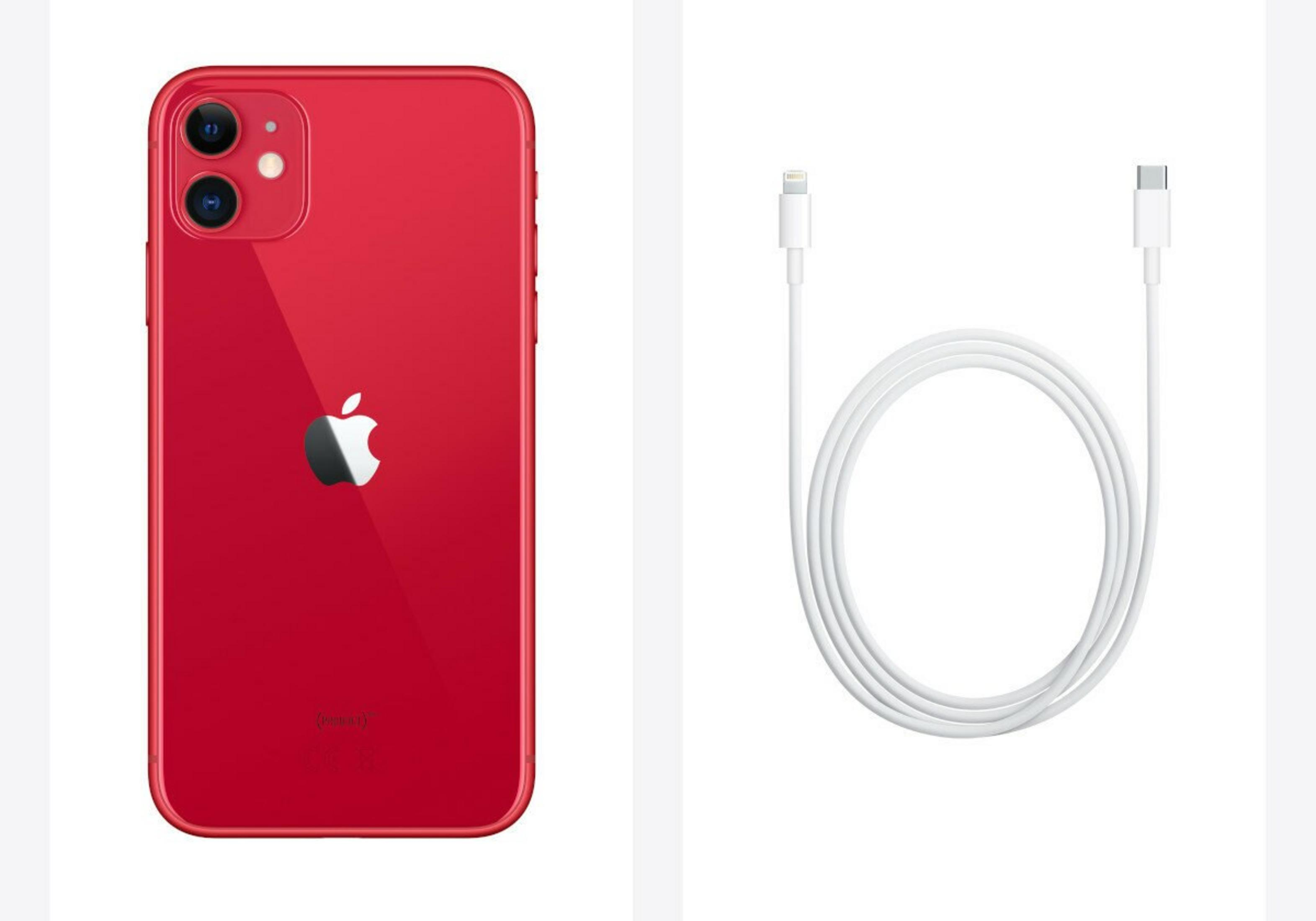 Czerwony iPhone 11 i biały kabel ładujący na białym tle. Telefon pokazuje aparat i logo Apple.