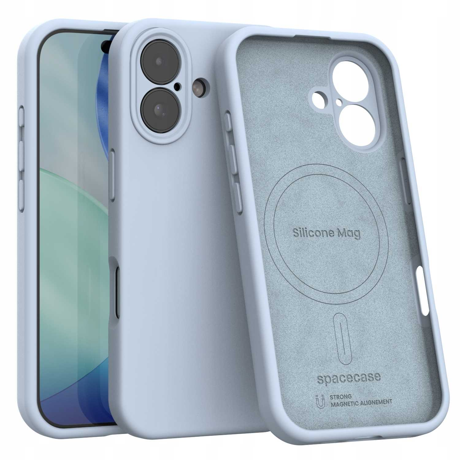 Trzy jasnoniebieskie etui na telefon. Jedno otwarte, pokazujące wnętrze z napisem 'Silicone Mag' i marką 'spacecase'. Telefon jest widoczny.