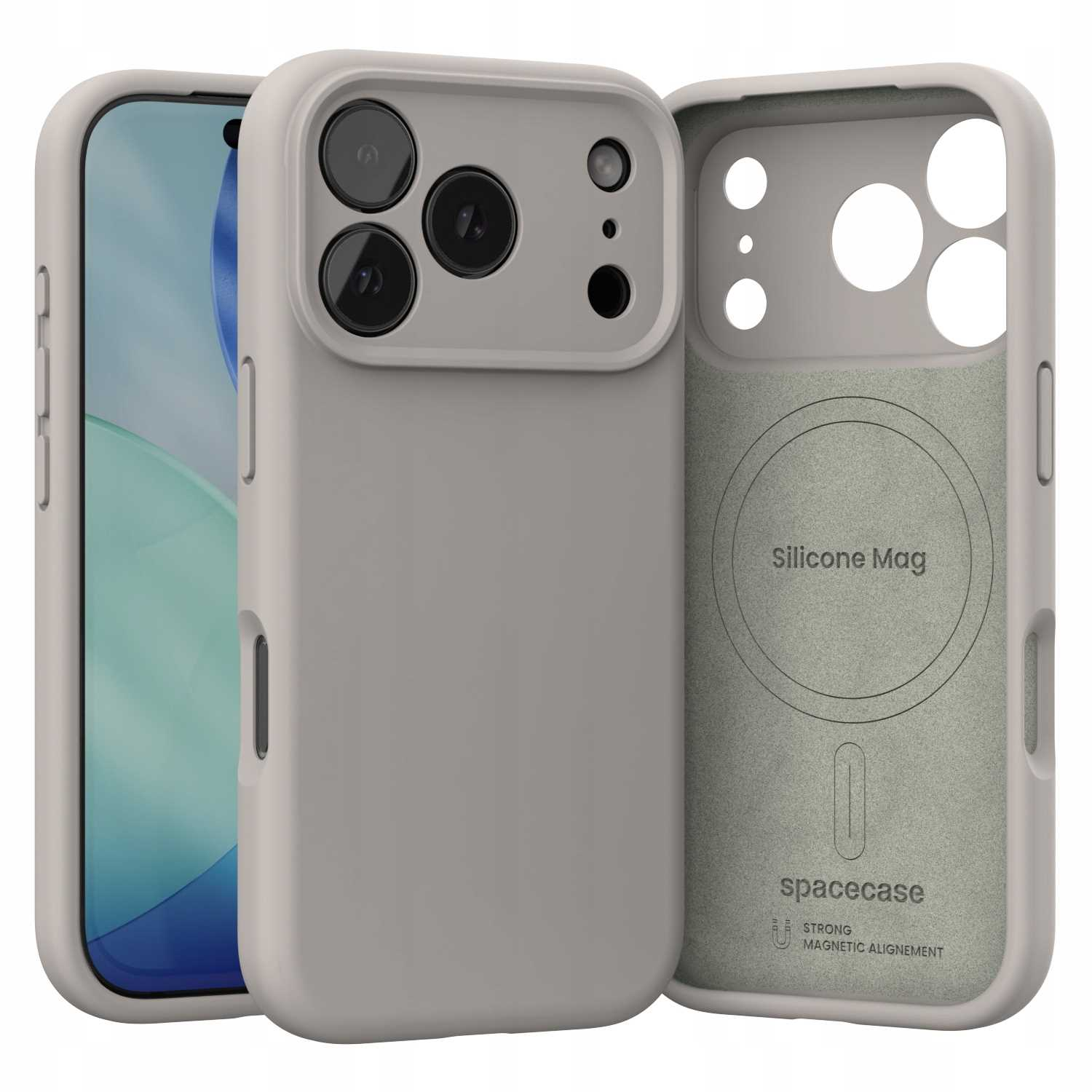 Trzyczęściowe etui na telefon w kolorze szarym. Jedna część zakrywa tył telefonu z wycięciami na aparat. Pozostałe dwie części to osłony przednia i tylna.