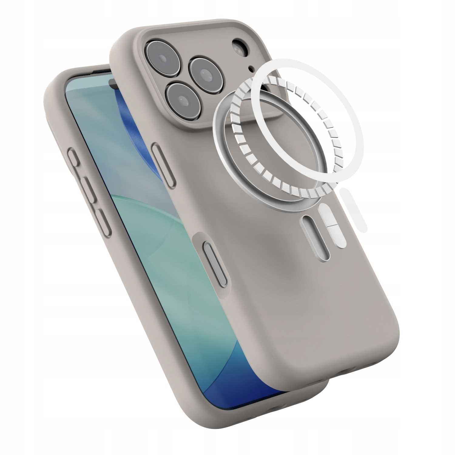 Szare etui na telefon z ekranem i pływającym białym pierścieniem magnetycznym, prezentujące obiektywy aparatu. Izolowane na białym tle.