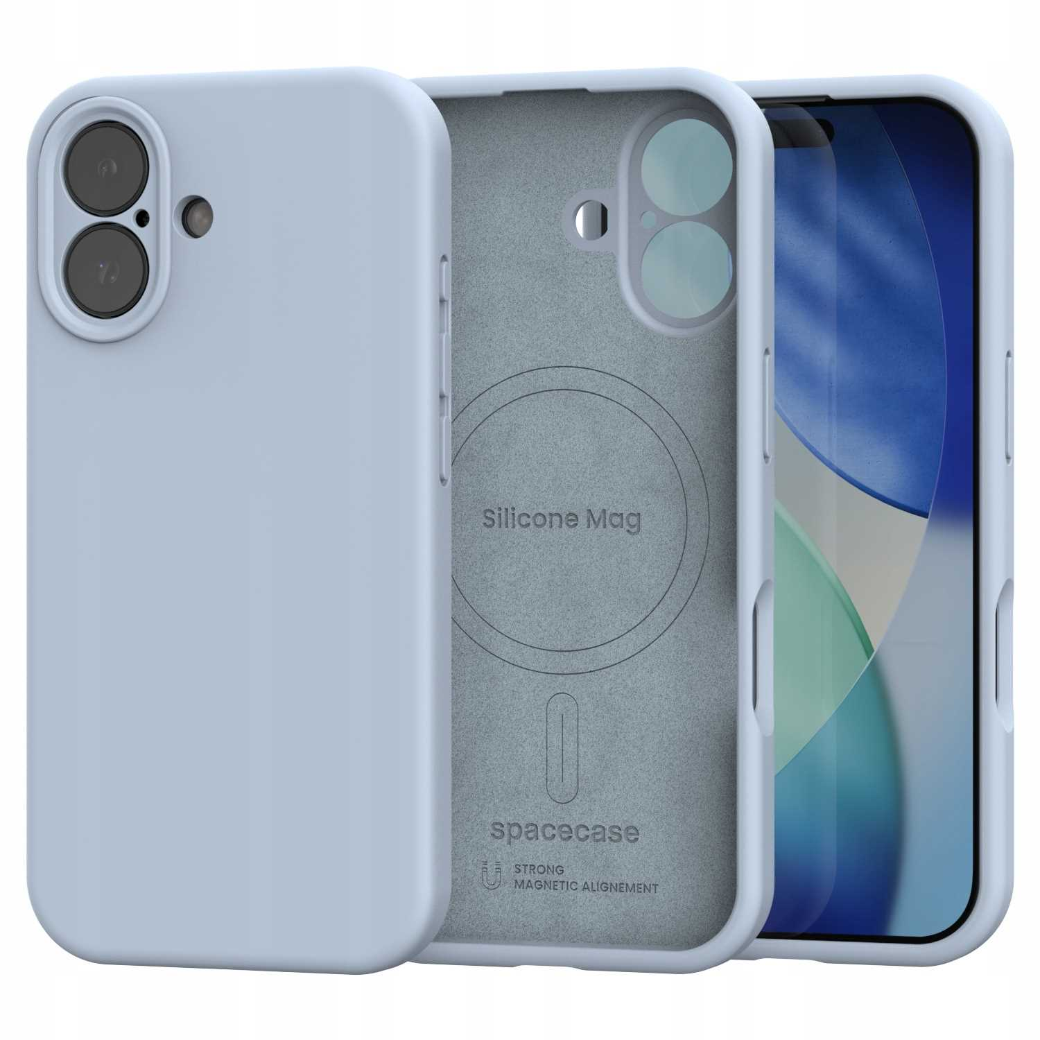Trzy jasnoniebieskie etui na telefon. Jedno jest zamknięte, drugie otwarte, a trzecie zawiera smartfon.
